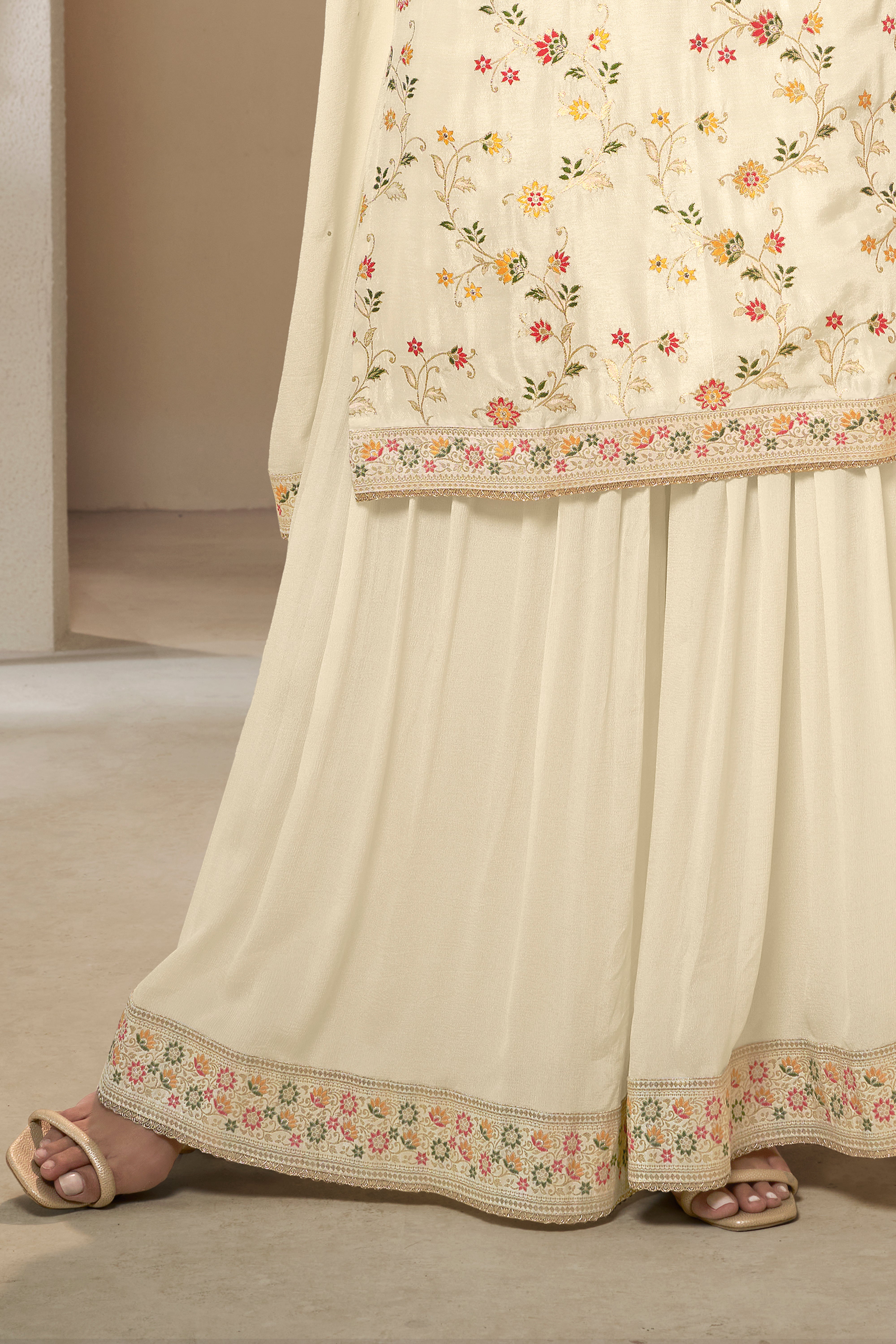 Designer Off White Meenakri Dola Silk Sharara Suit Set