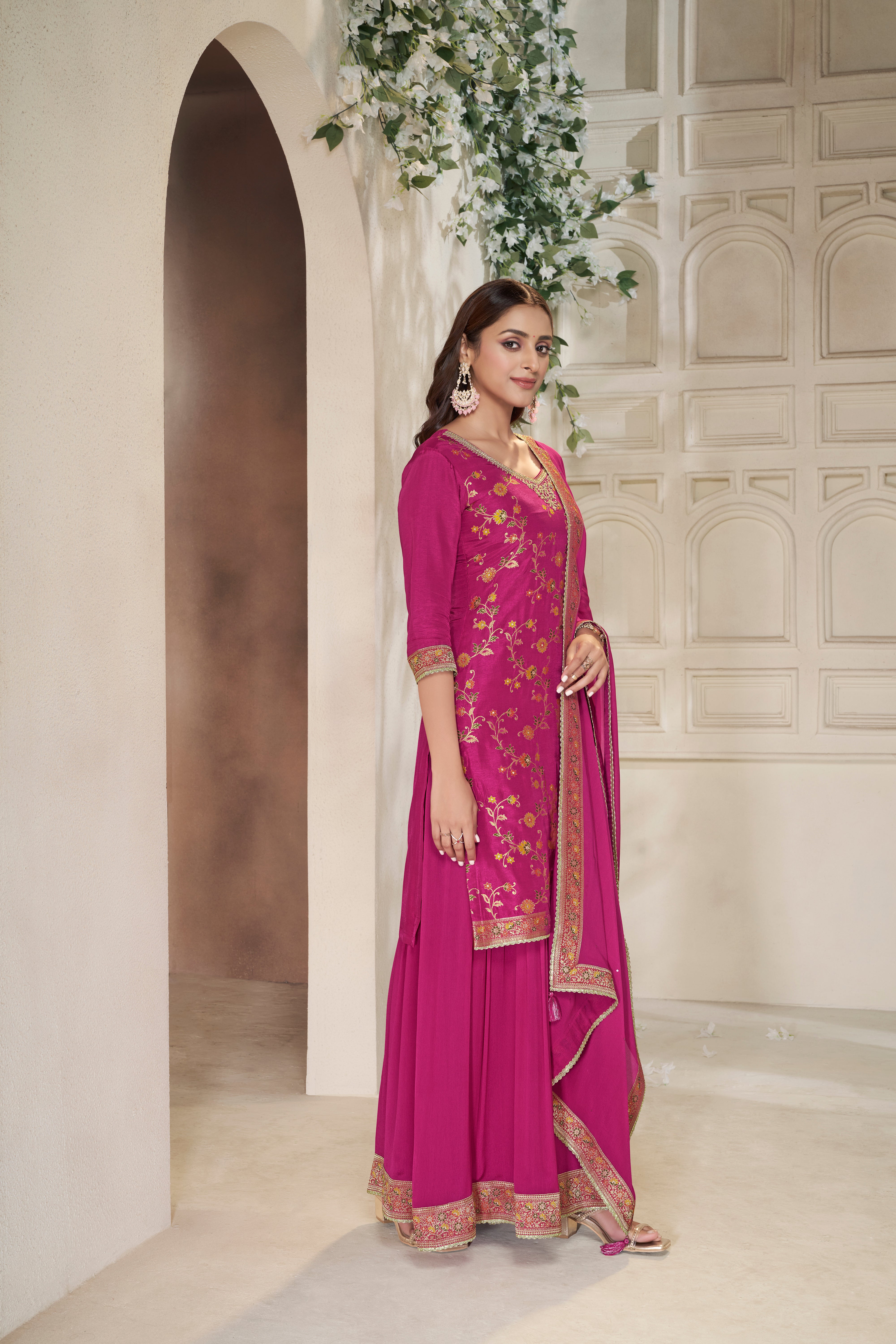 Designer Pink Meenakri Dola Silk Sharara Suit Set