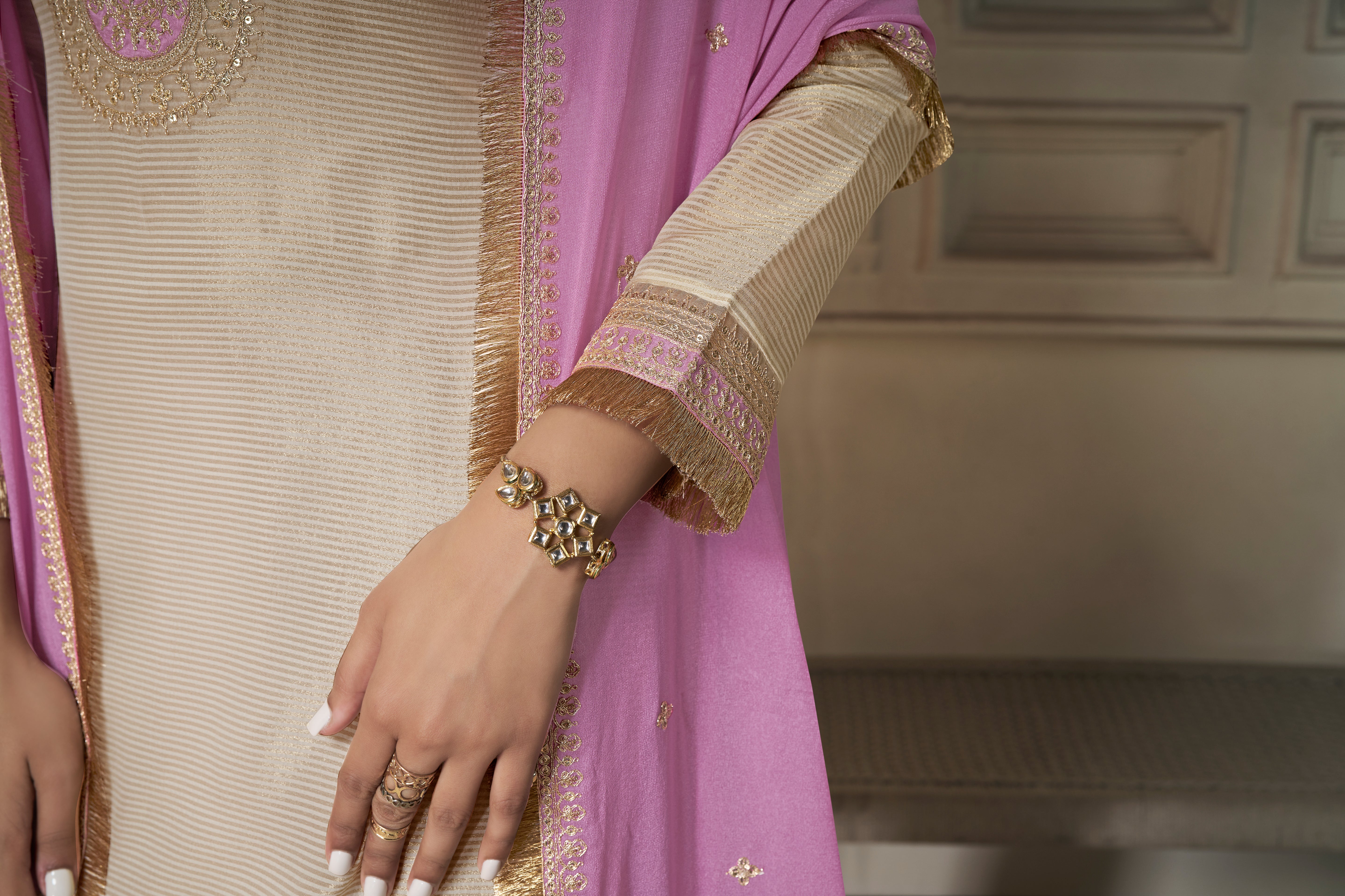 Designer Off White Sequins Embroidery Tissue Kurta Suit Set
