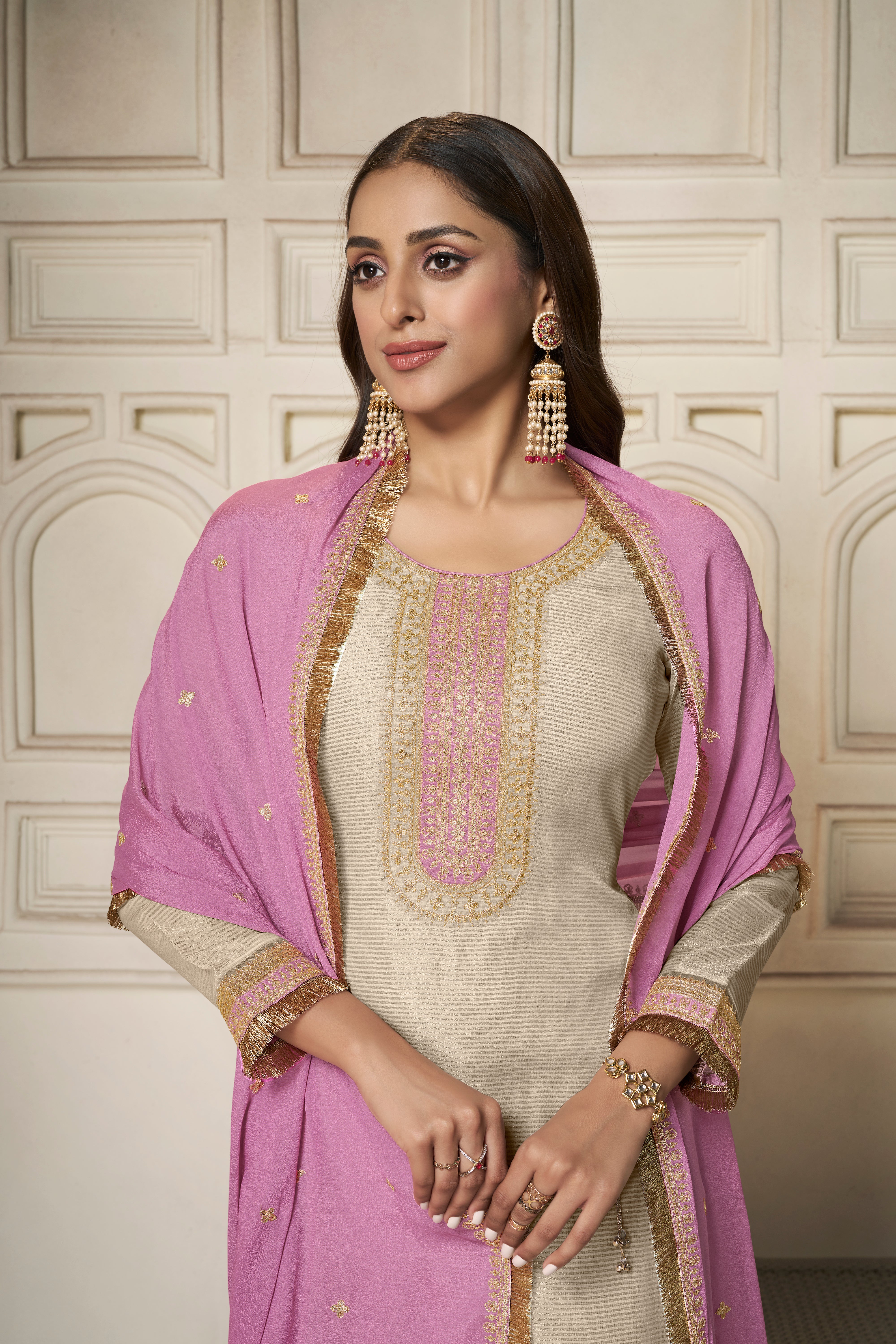 Designer Off White Sequins Embroidery Tissue Kurta Suit Set