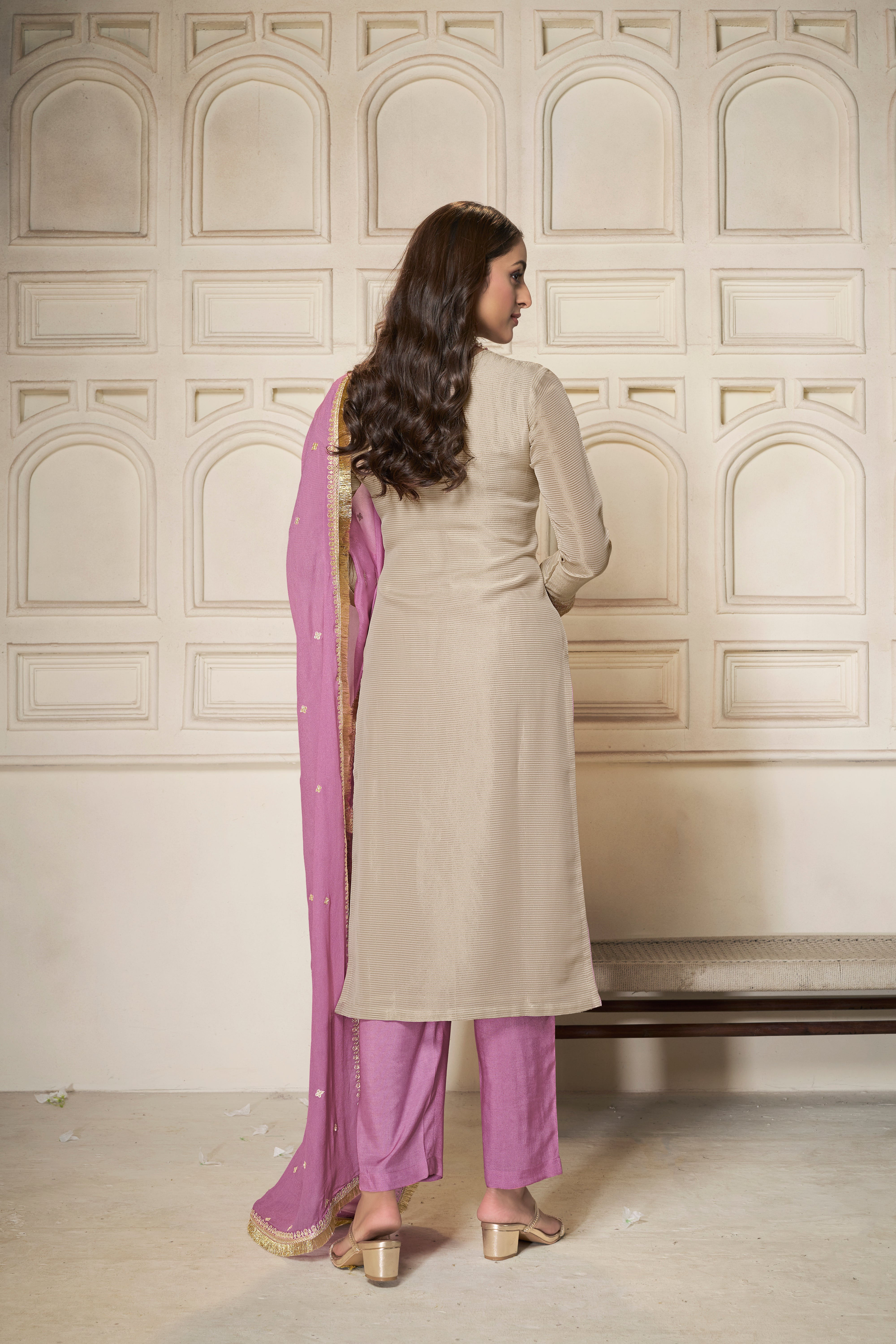 Designer Off White Sequins Embroidery Tissue Kurta Suit Set