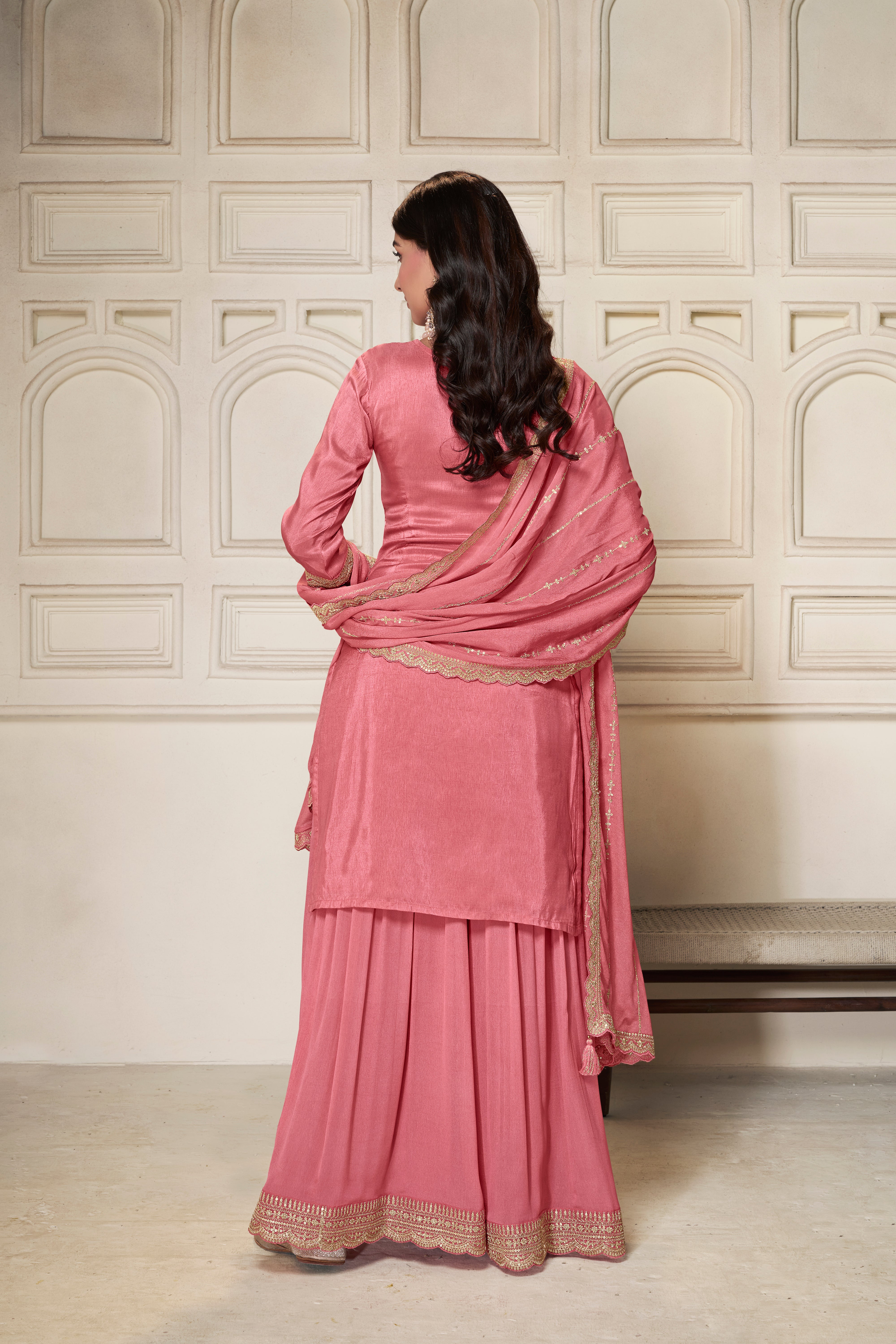 Designer Light Pink Position Print Dola Silk Sharara Suit Set