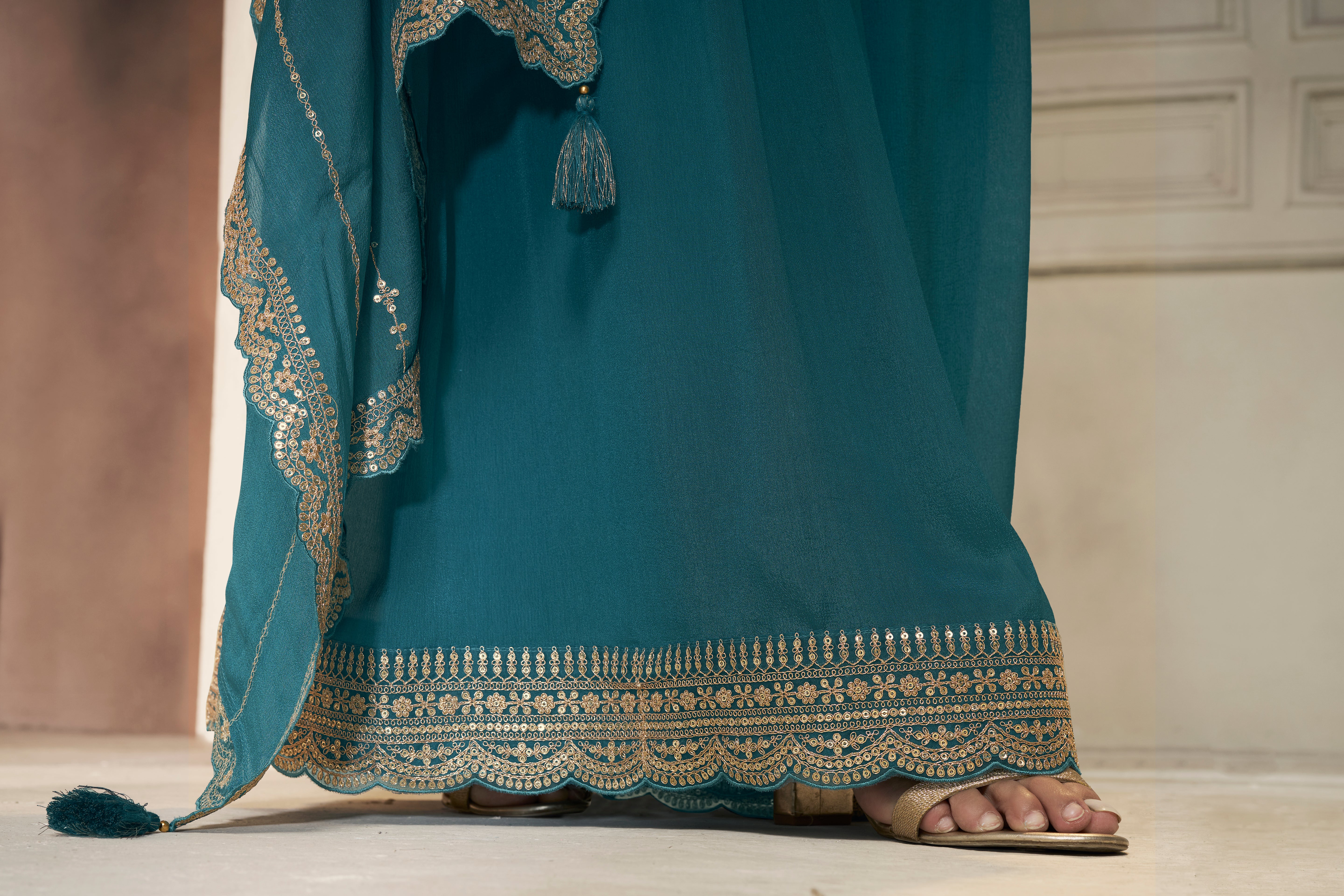 Designer Teal Blue Position Print Dola Silk Sharara Suit Set