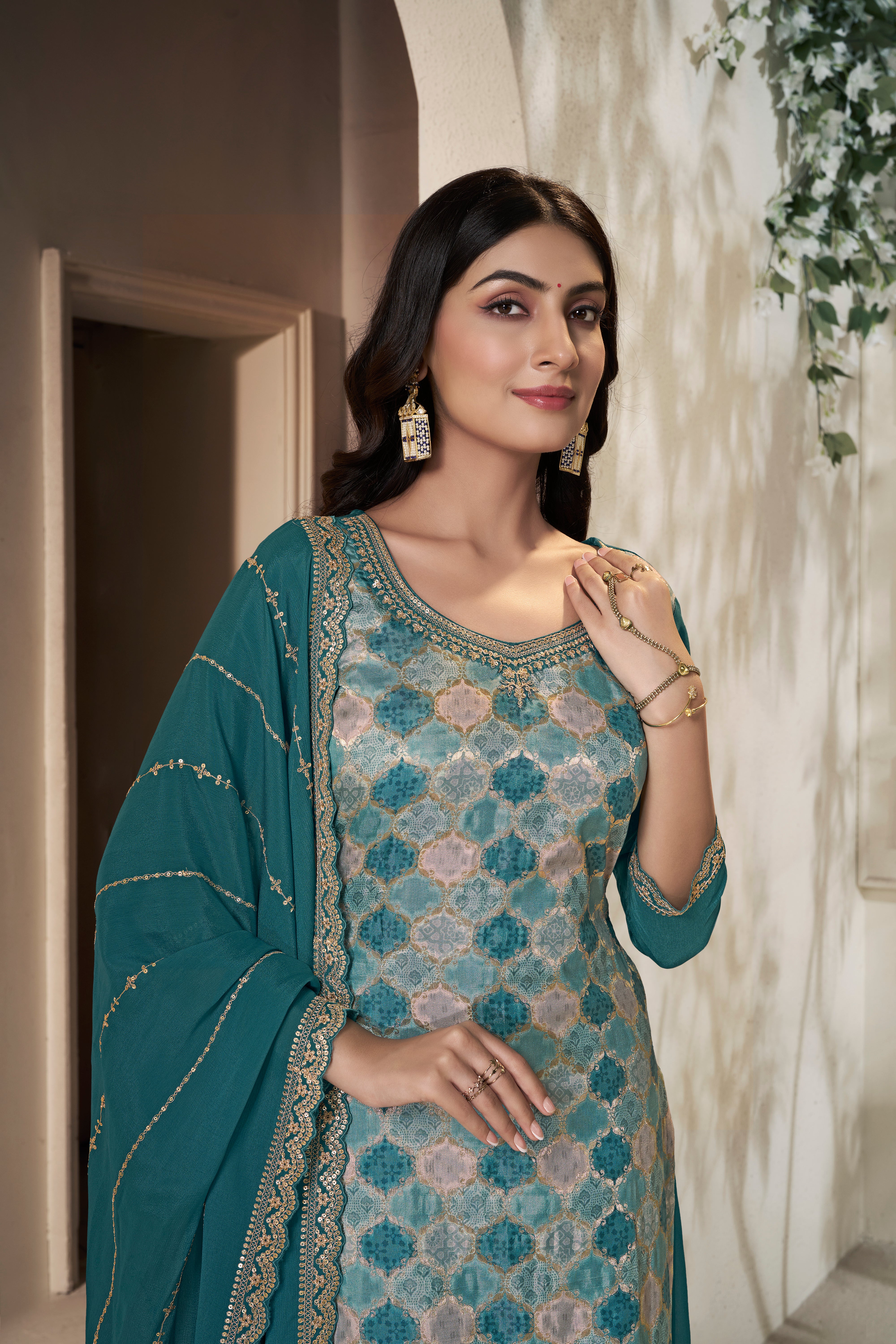 Designer Teal Blue Position Print Dola Silk Sharara Suit Set