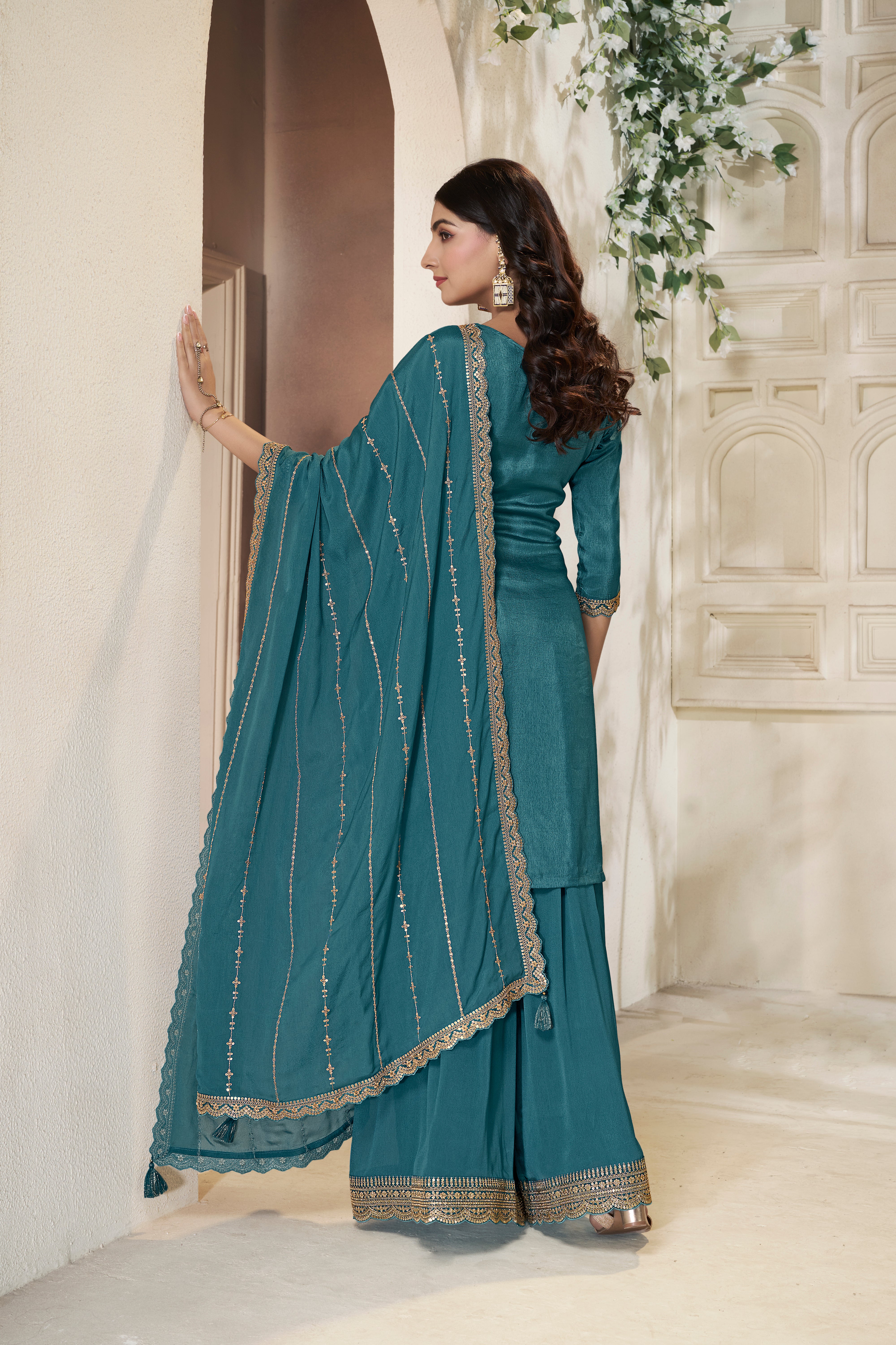 Designer Teal Blue Position Print Dola Silk Sharara Suit Set