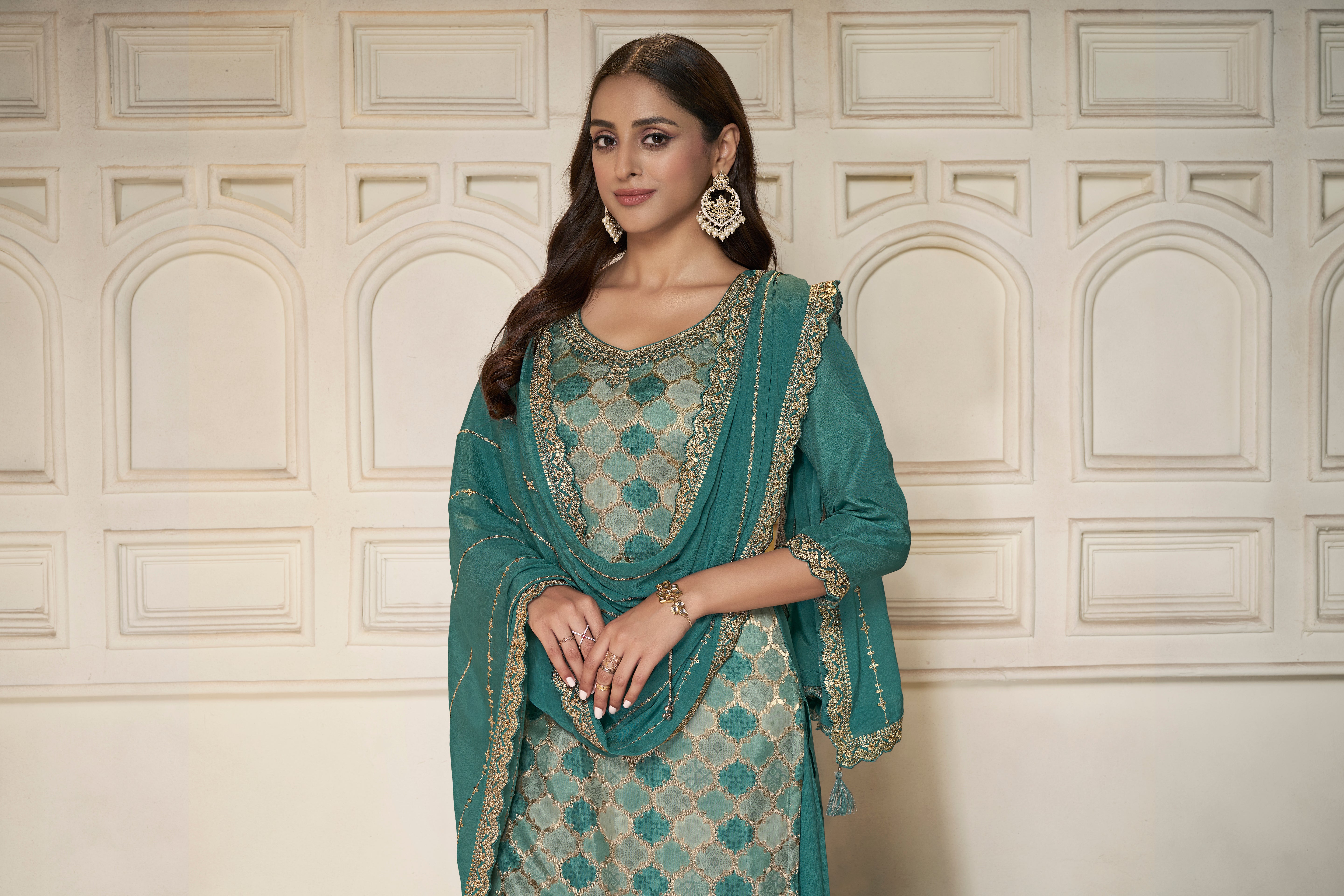Designer Teal Green Position Print Dola Silk Sharara Suit Set