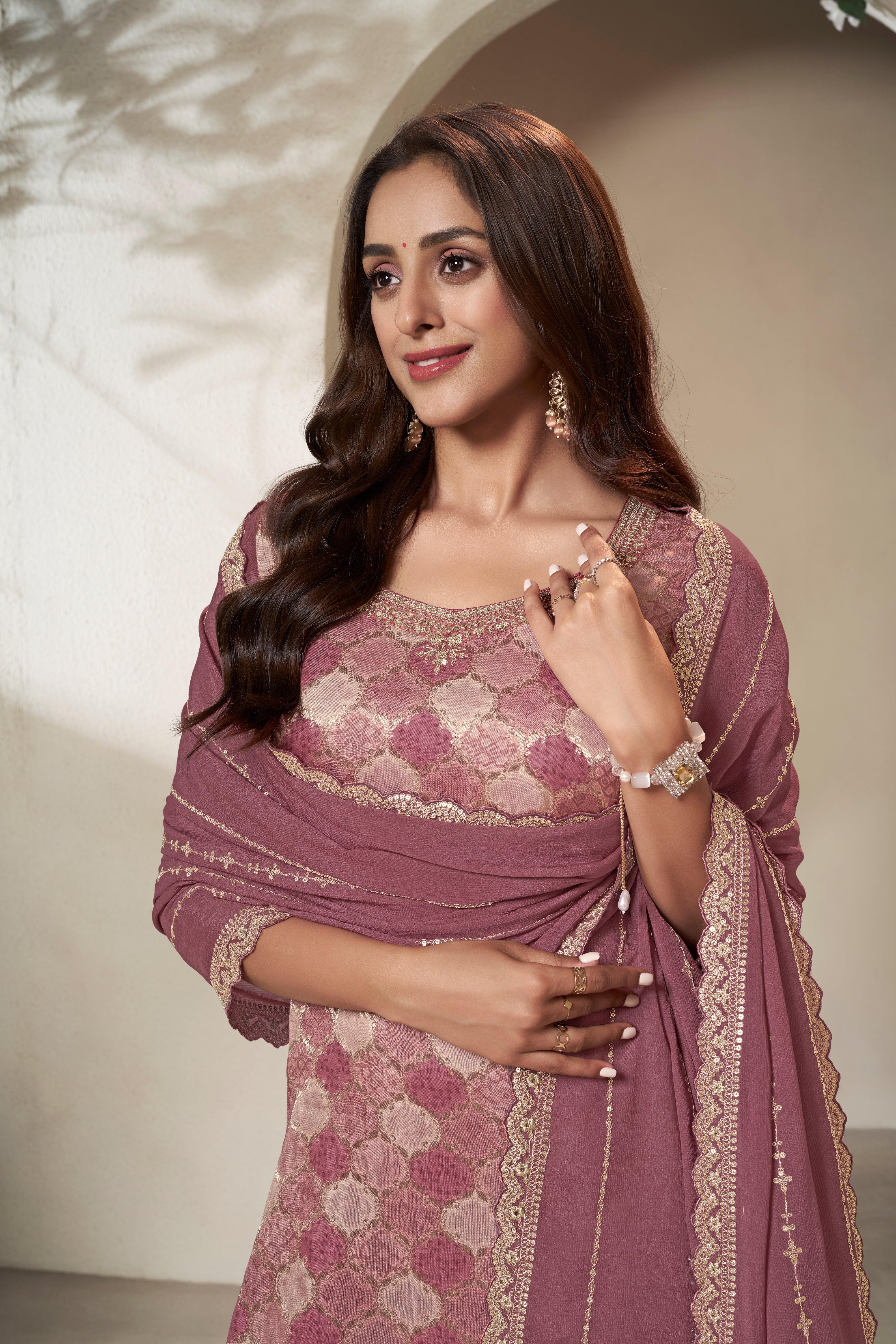 Designer Burgundy Position Print Dola Silk Sharara Suit Set