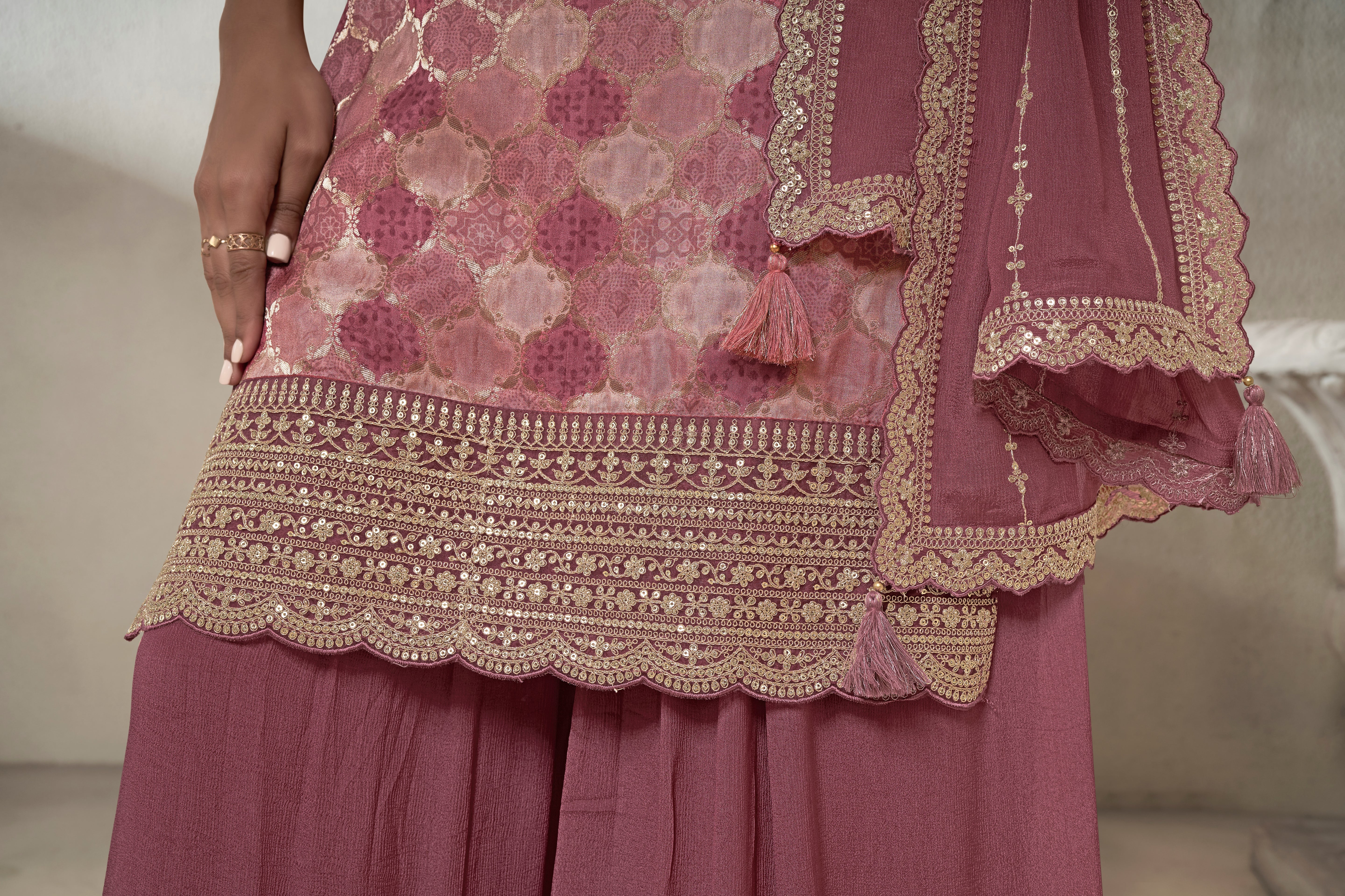 Designer Burgundy Position Print Dola Silk Sharara Suit Set
