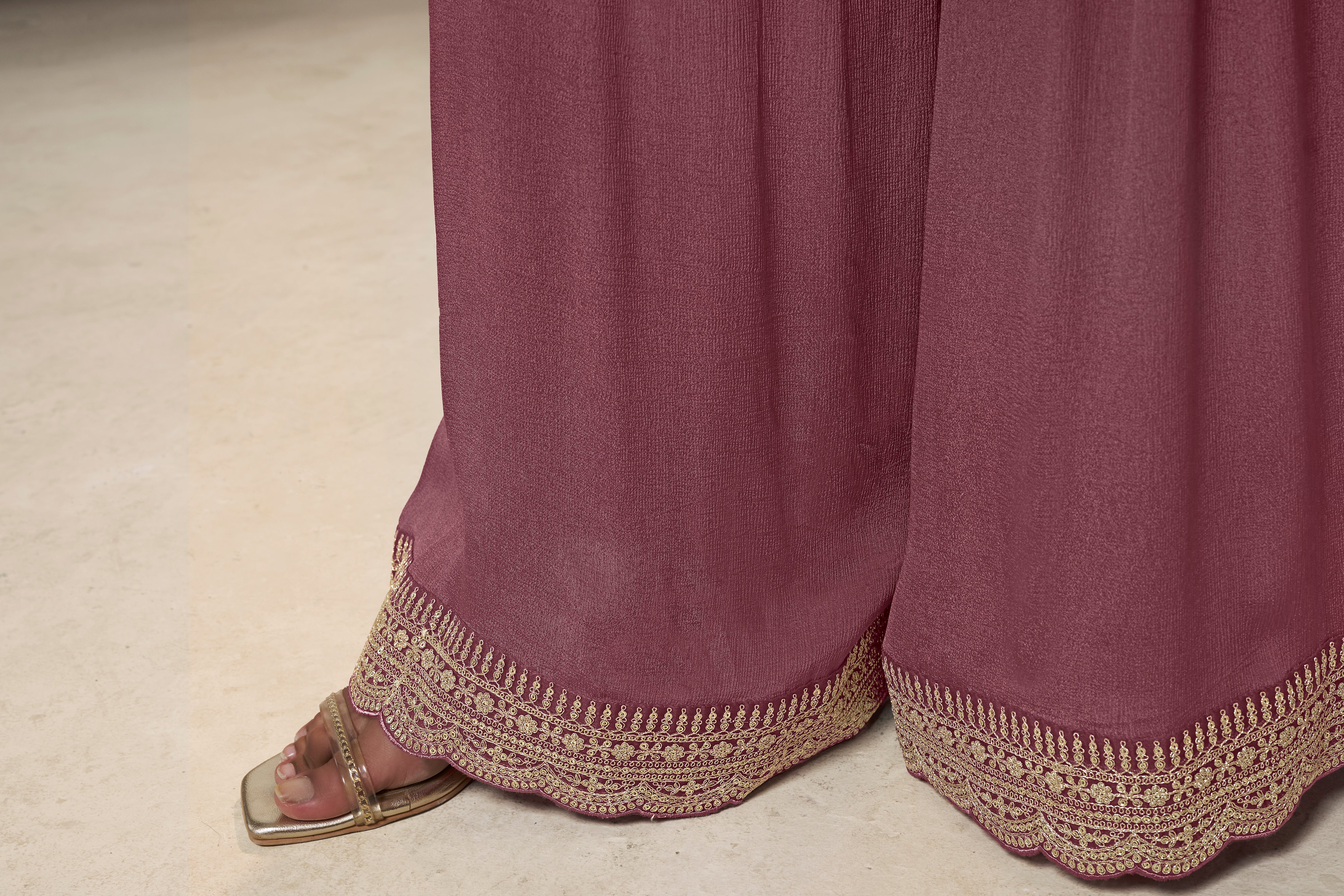 Designer Burgundy Position Print Dola Silk Sharara Suit Set
