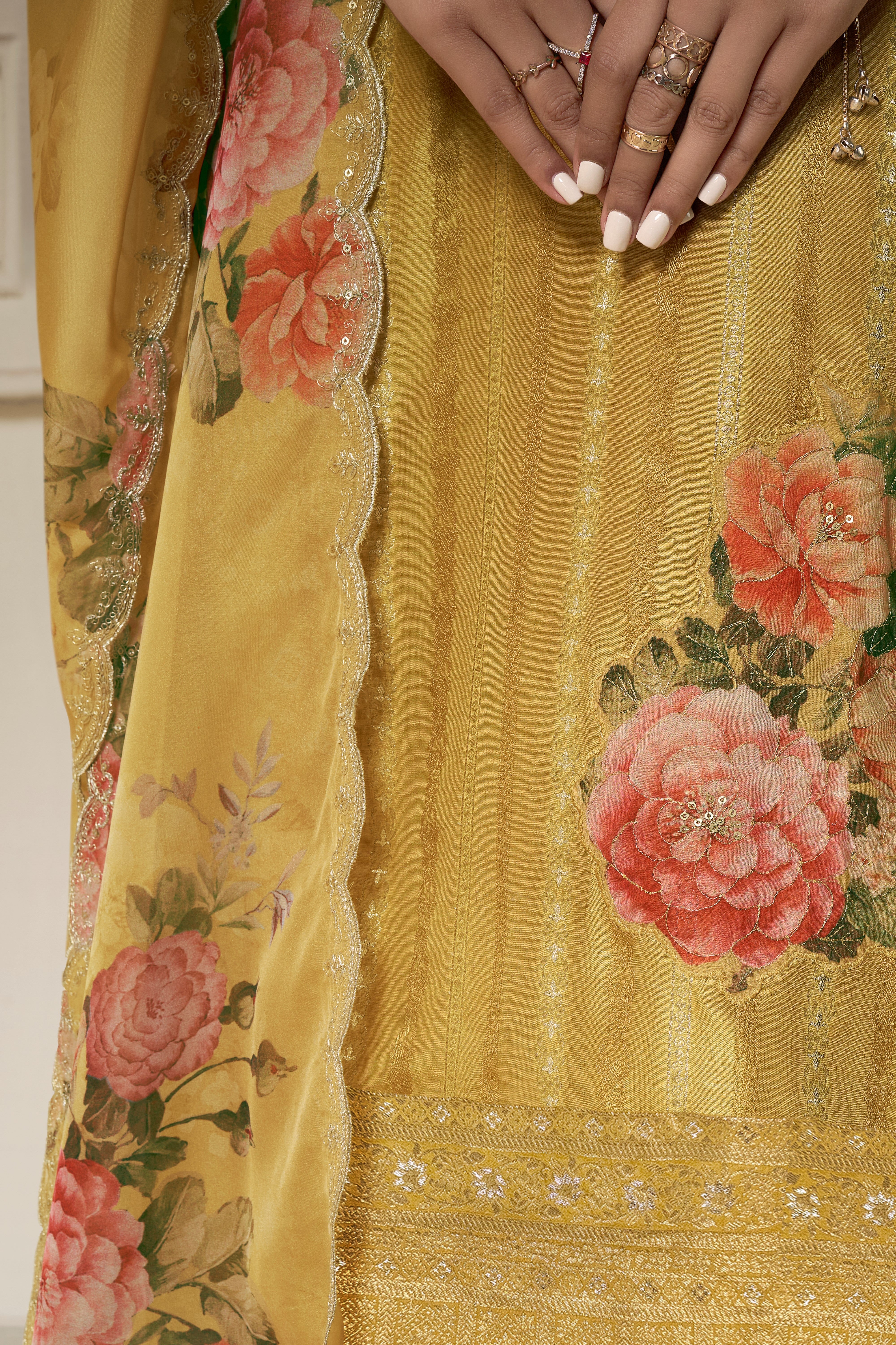 Designer Yellow Jacquard Weave Dola Silk Kurta Suit Set