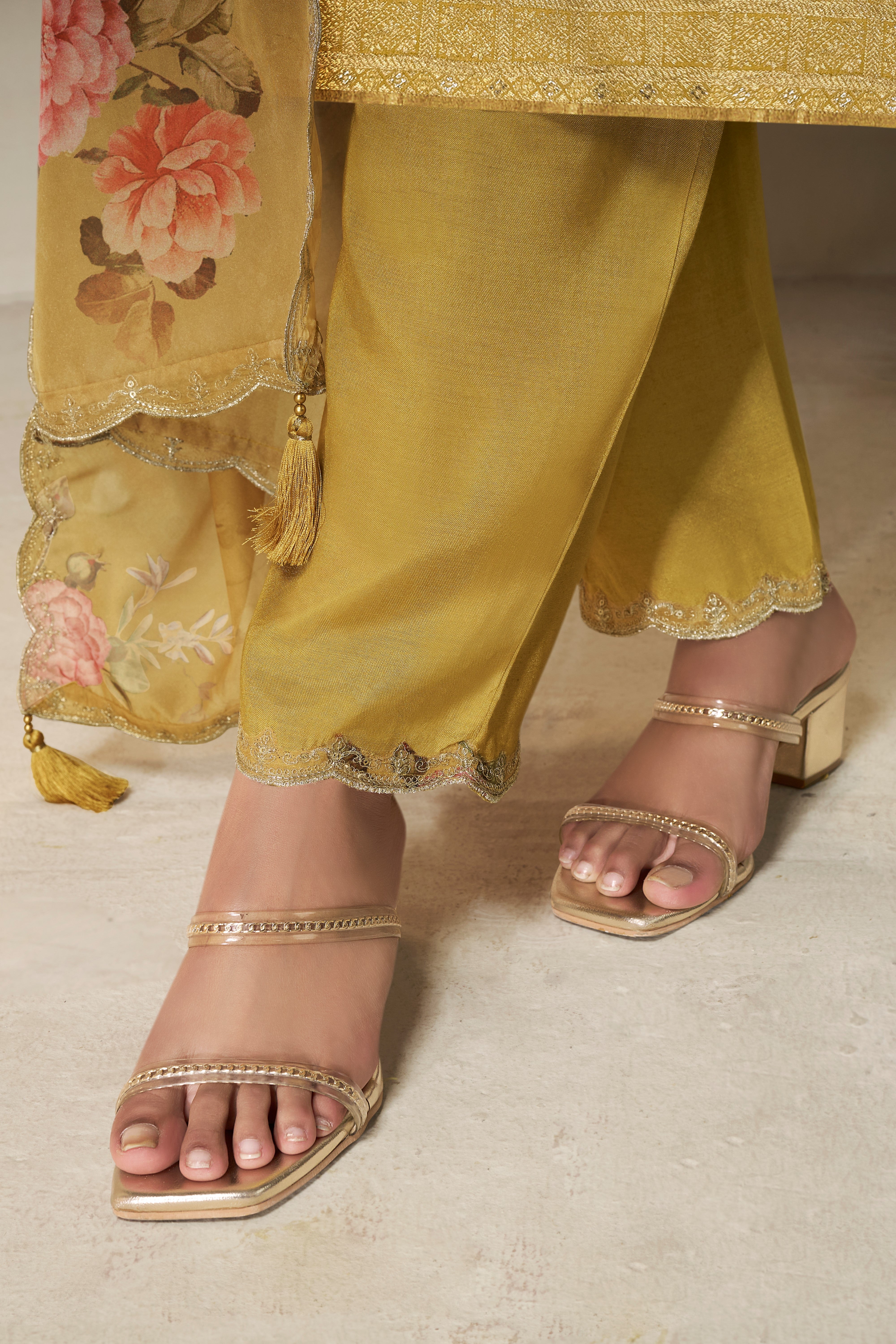 Designer Yellow Jacquard Weave Dola Silk Kurta Suit Set