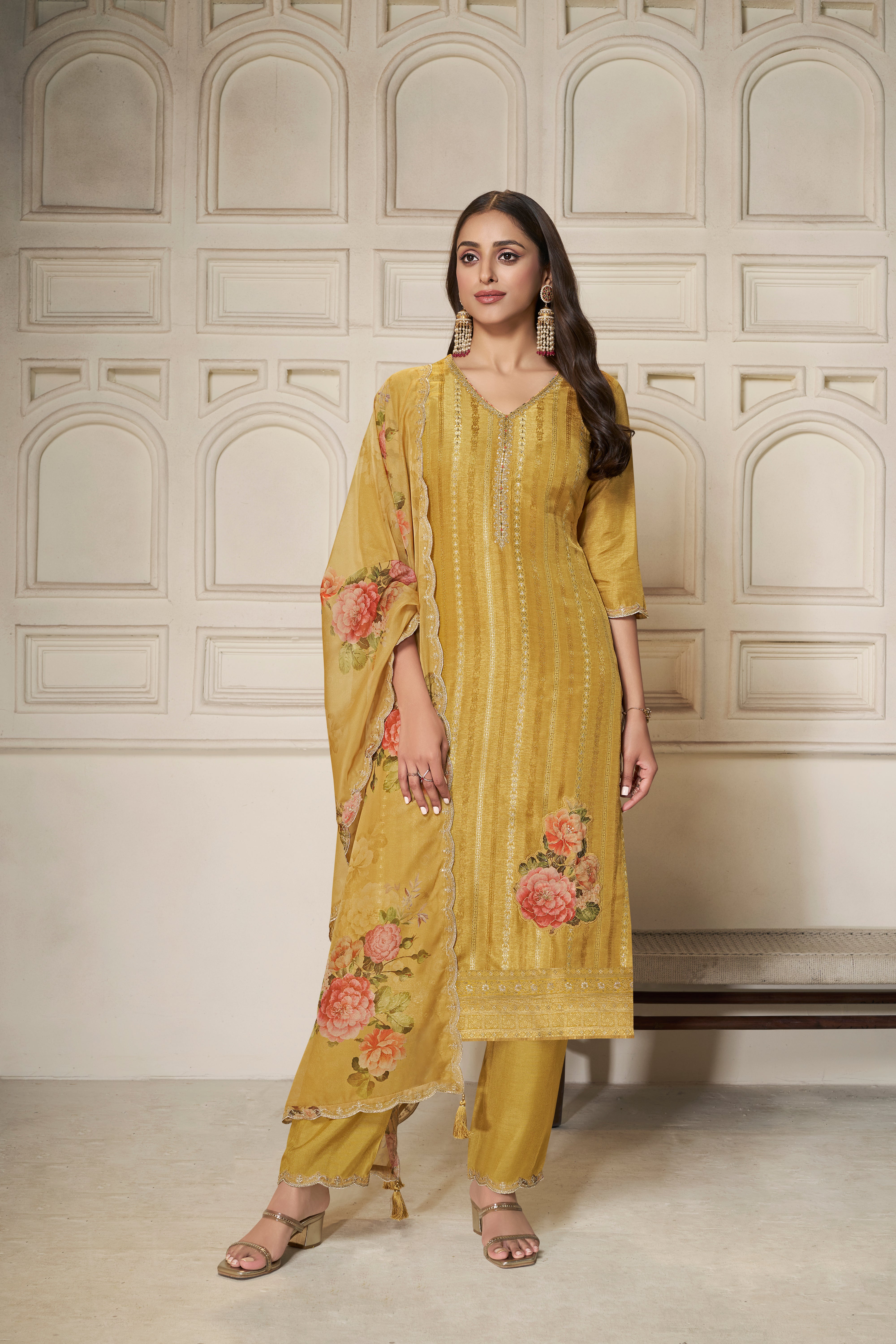 Designer Yellow Jacquard Weave Dola Silk Kurta Suit Set