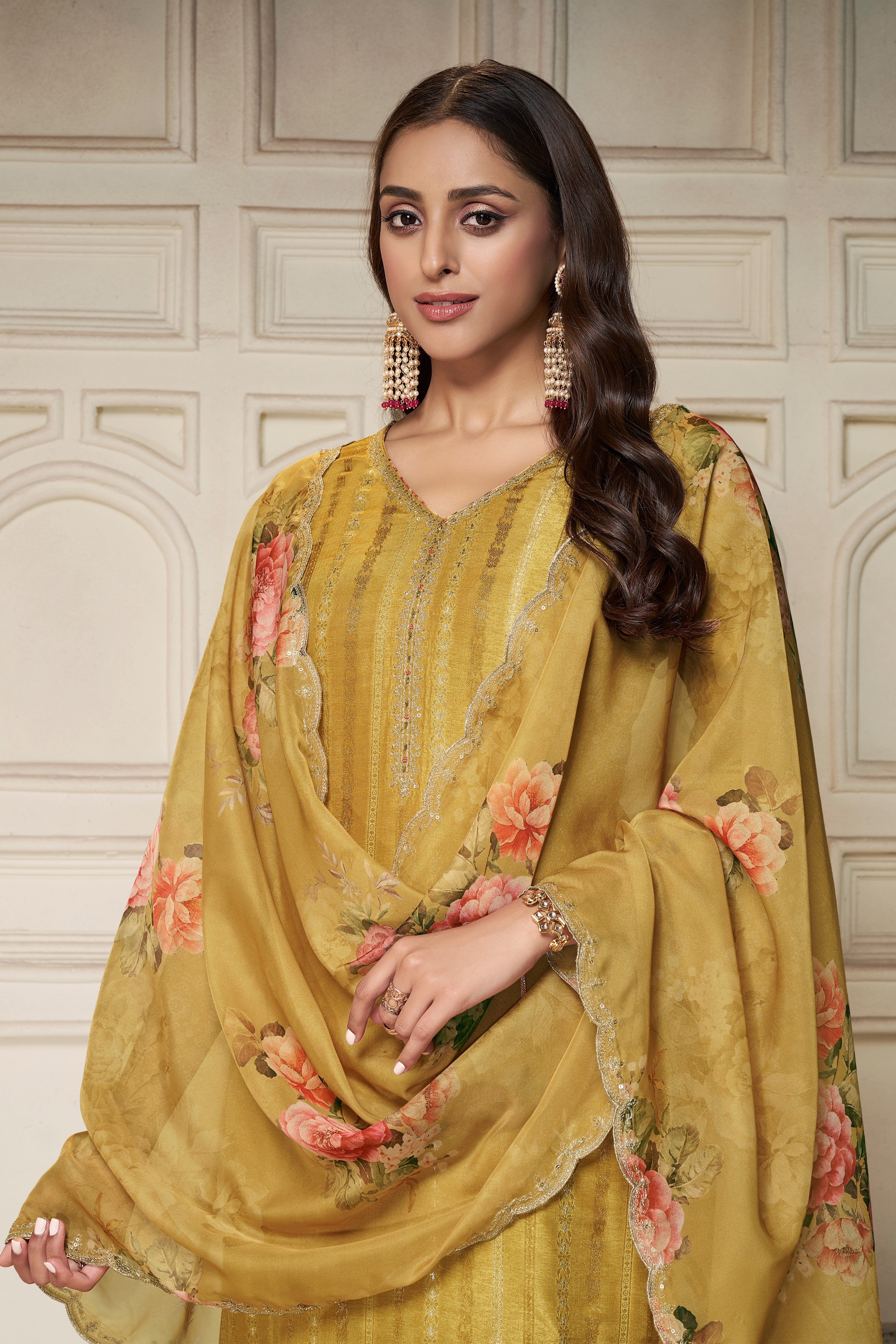 Designer Yellow Jacquard Weave Dola Silk Kurta Suit Set