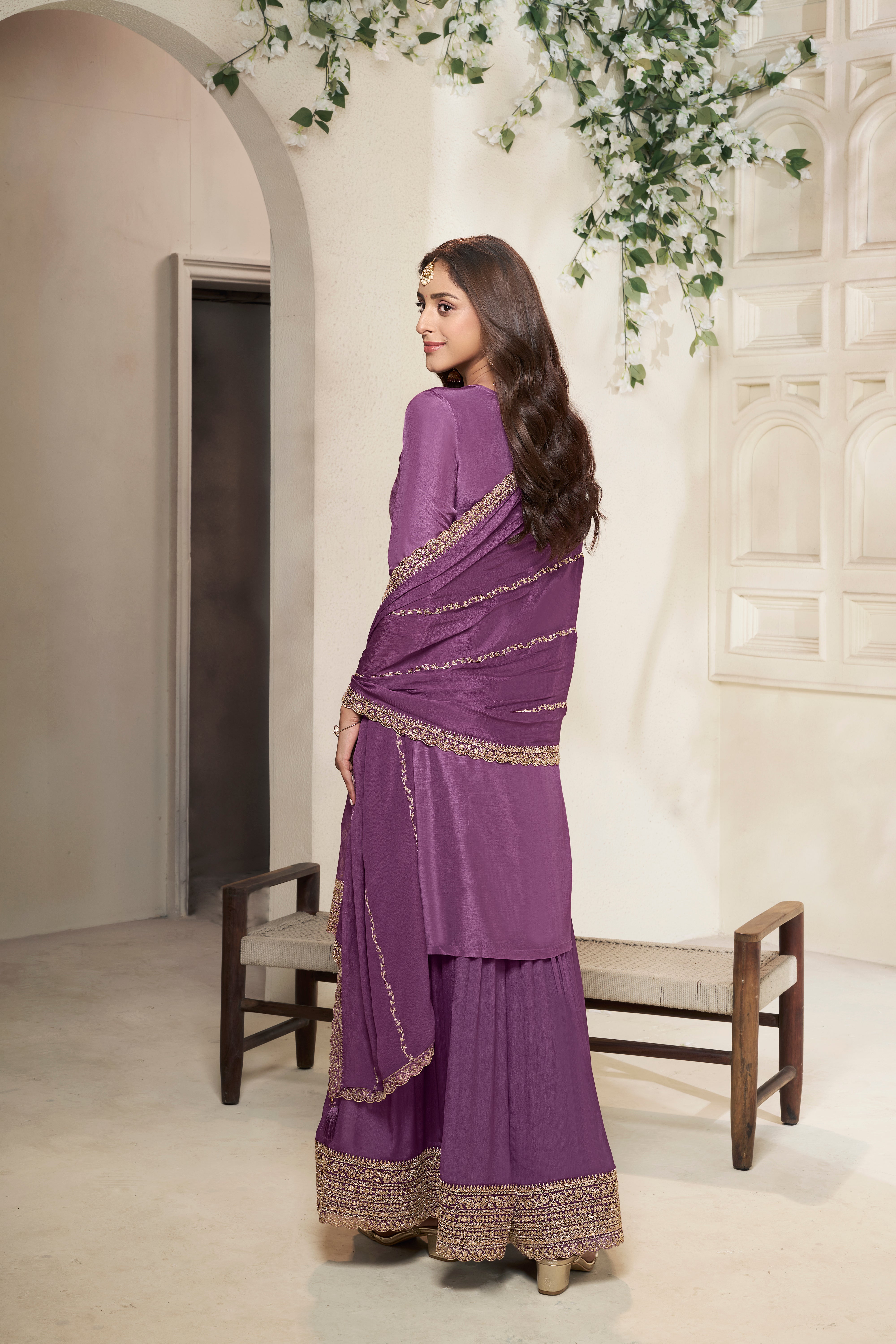 Designer Purple Jacquard Weave Dola Silk Sharara Suit Set