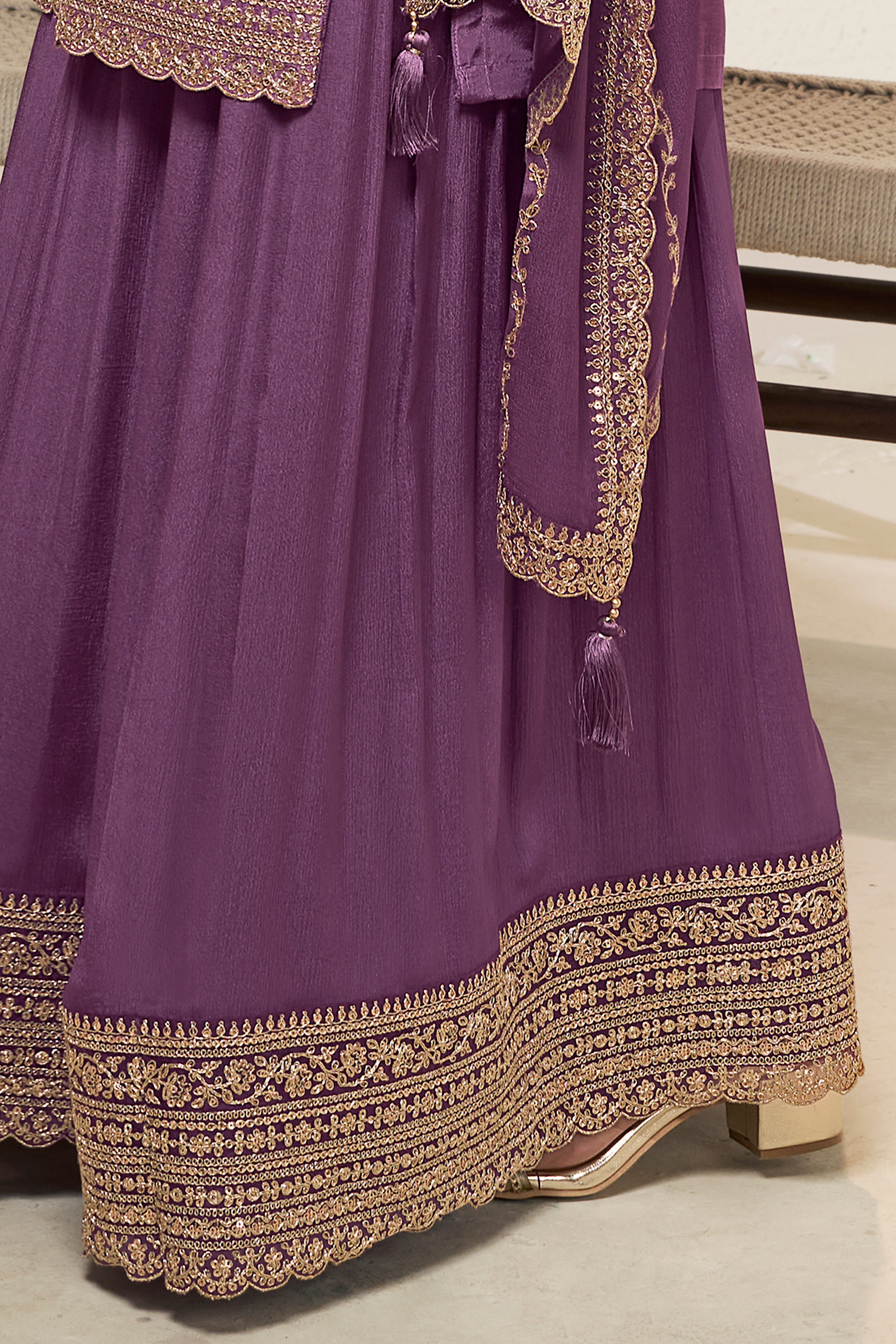 Designer Purple Jacquard Weave Dola Silk Sharara Suit Set