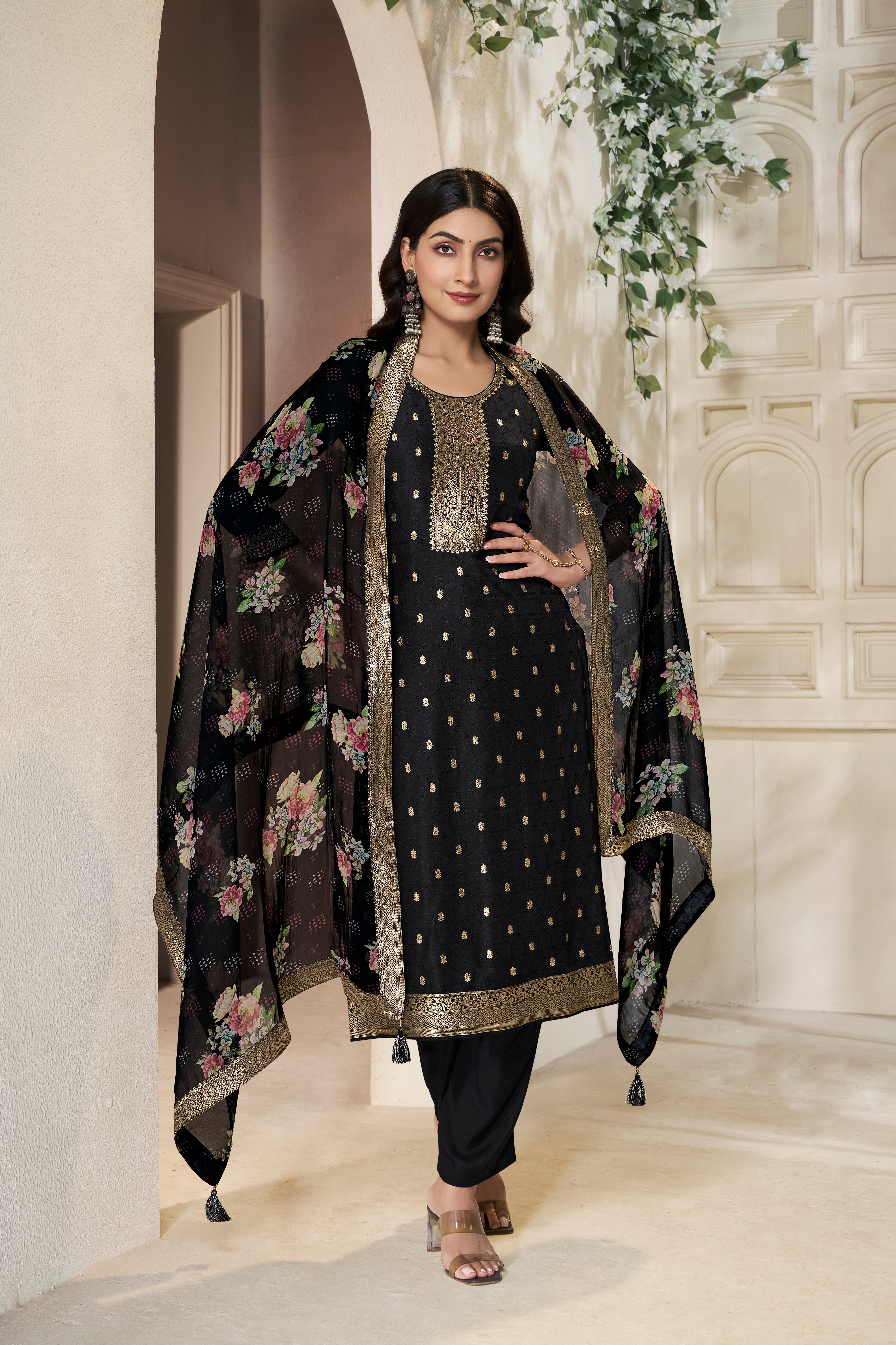 Designer Black Jacquard Weave Dola Silk Kurta Suit Set