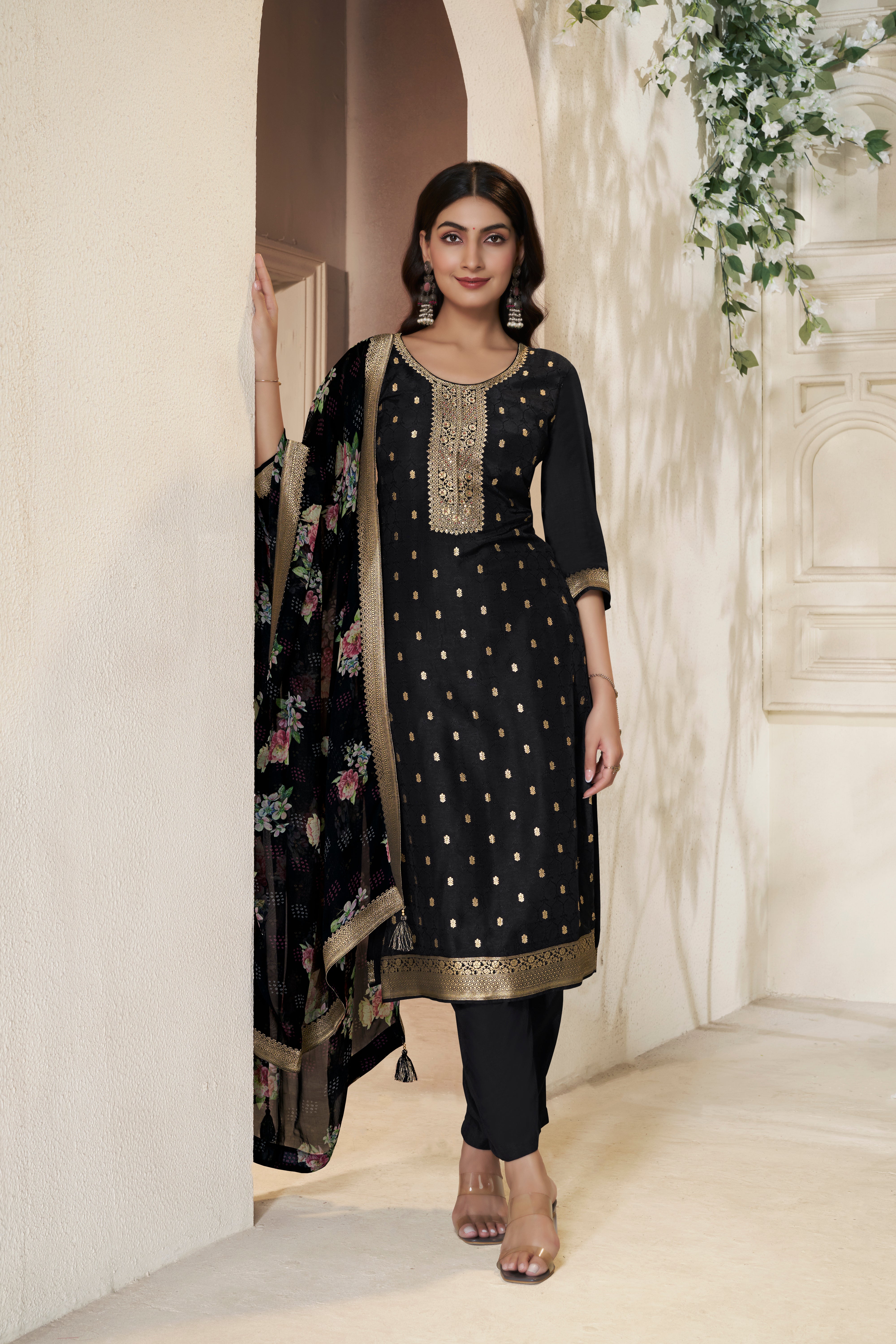 Designer Black Jacquard Weave Dola Silk Kurta Suit Set