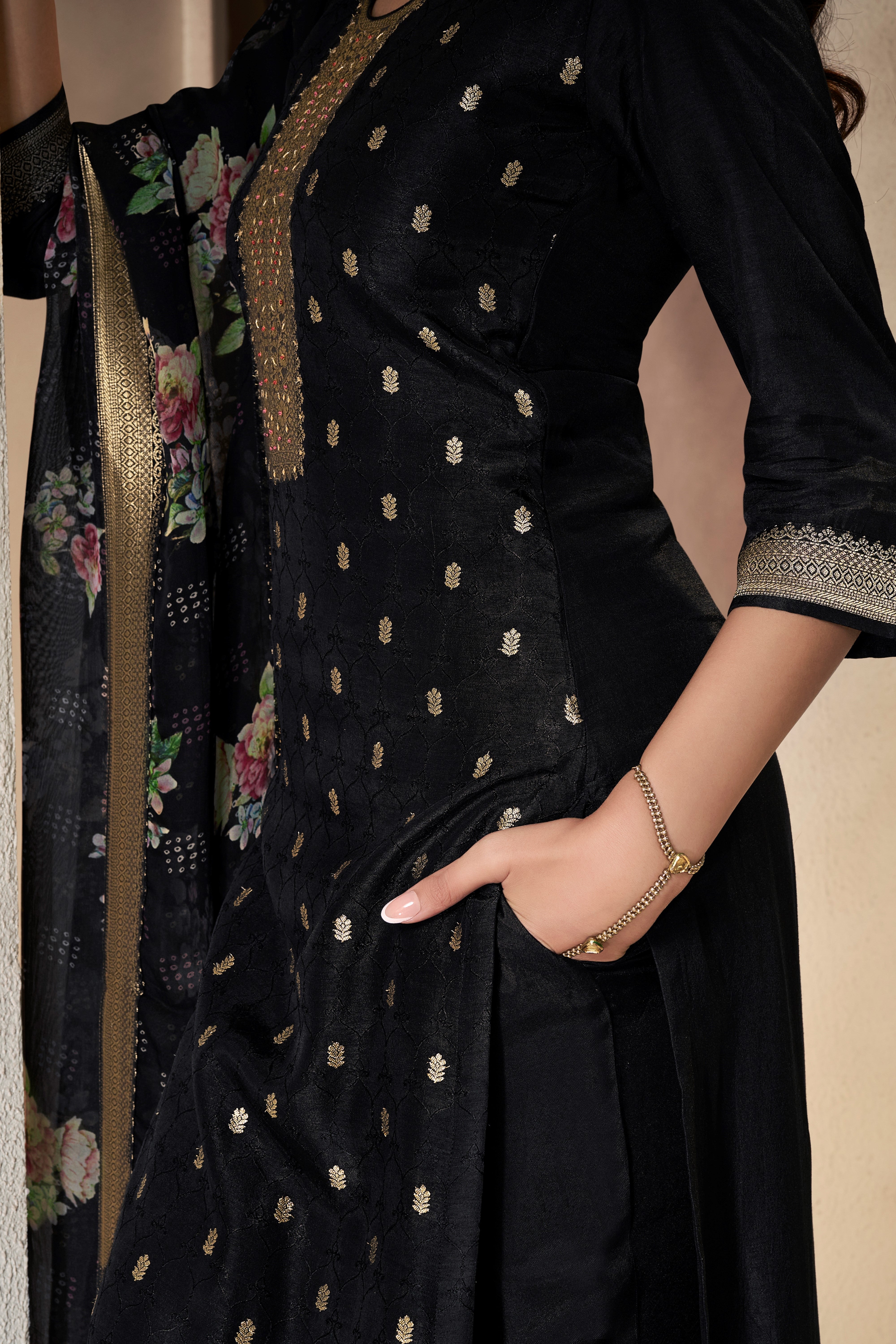 Designer Black Jacquard Weave Dola Silk Kurta Suit Set