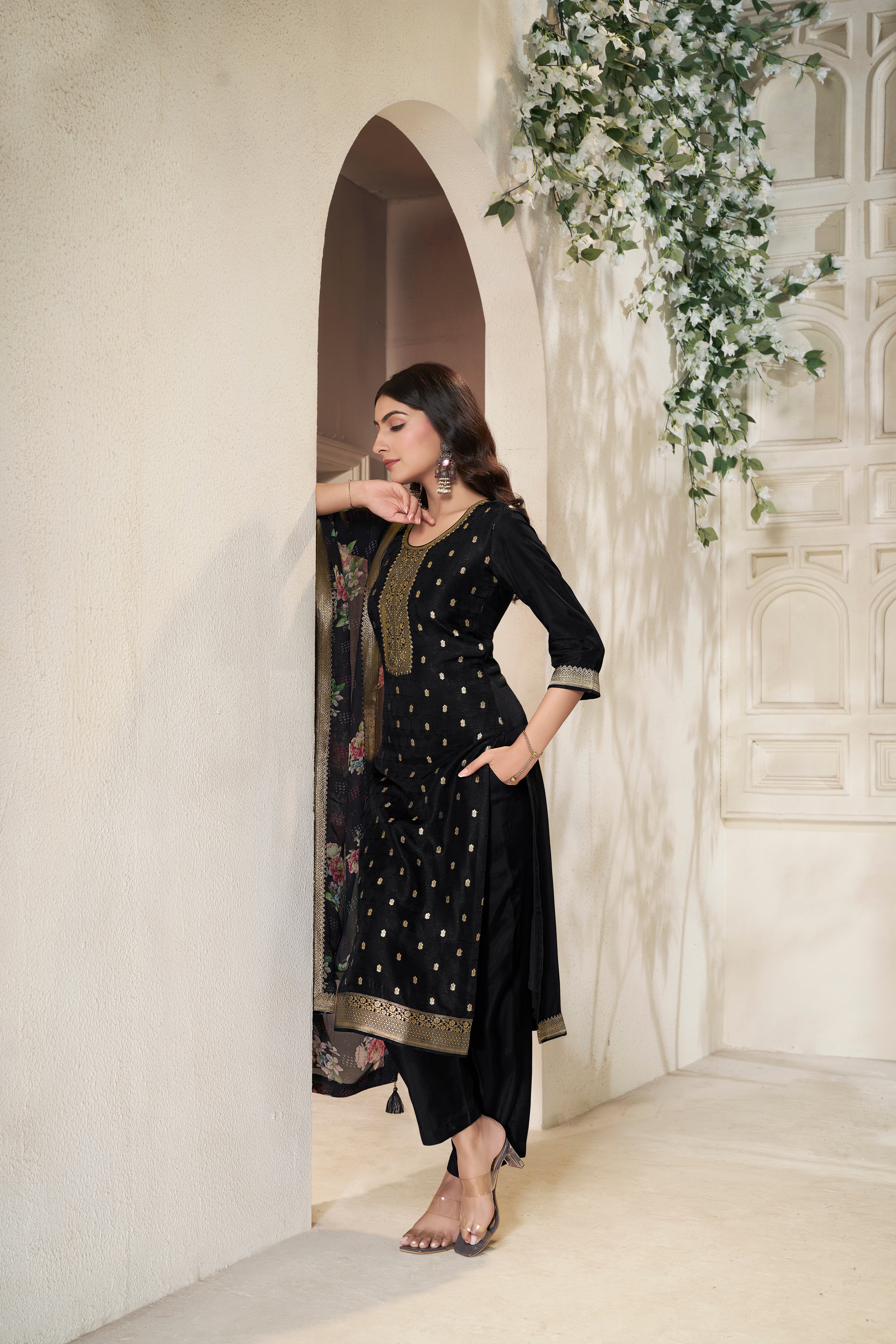 Designer Black Jacquard Weave Dola Silk Kurta Suit Set