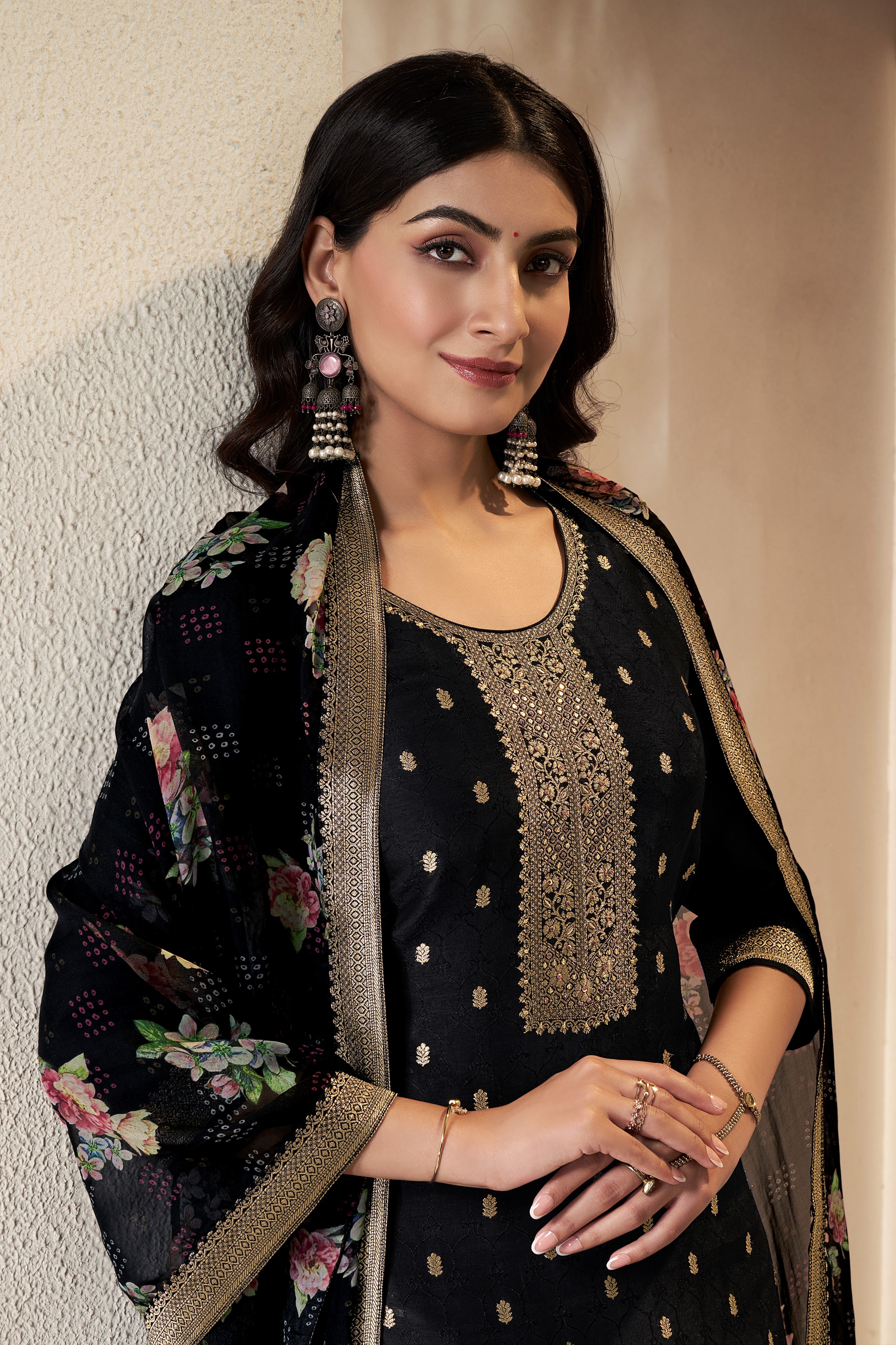 Designer Black Jacquard Weave Dola Silk Kurta Suit Set