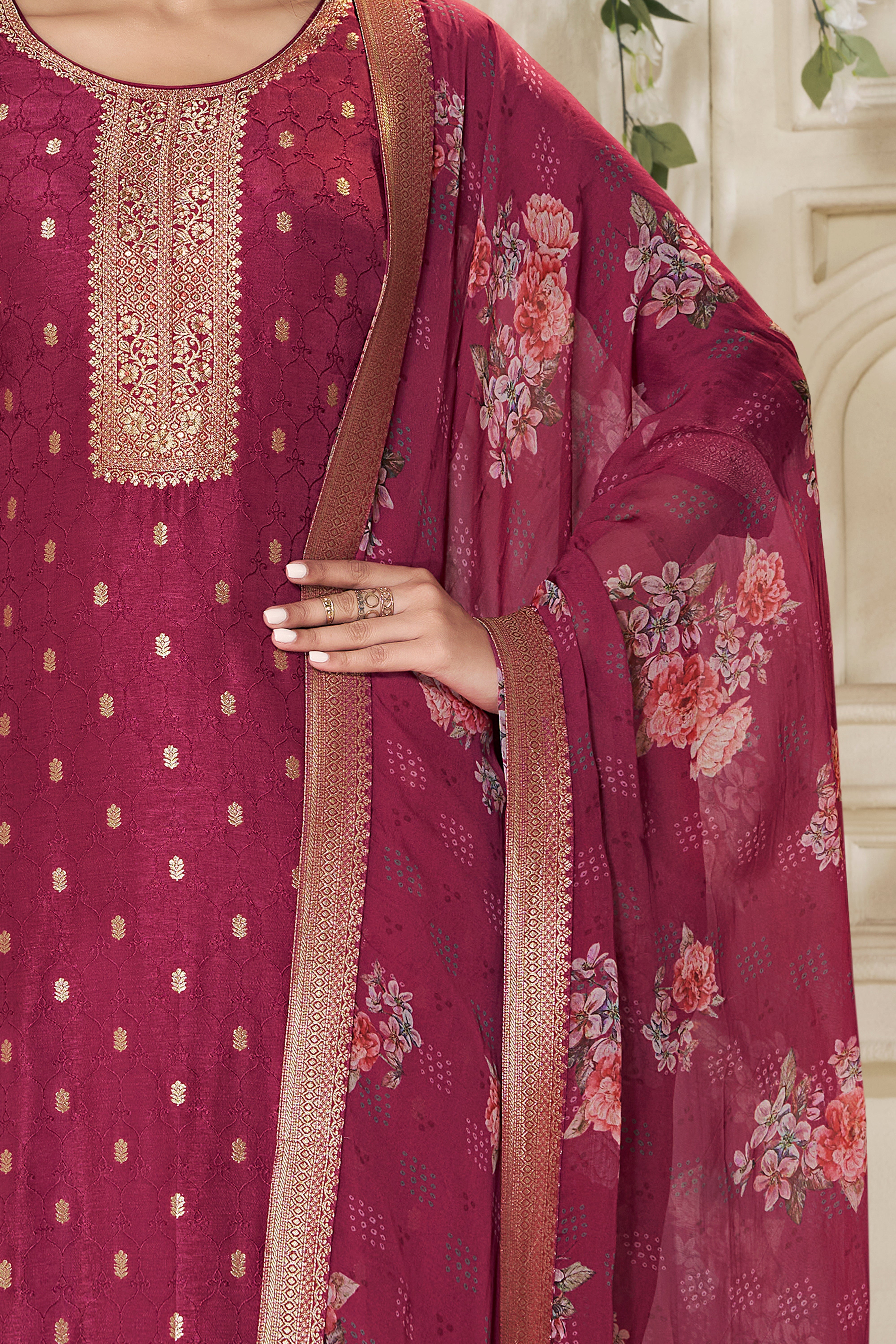 Designer Red Jacquard weave Dola Silk Kurta Suit Set