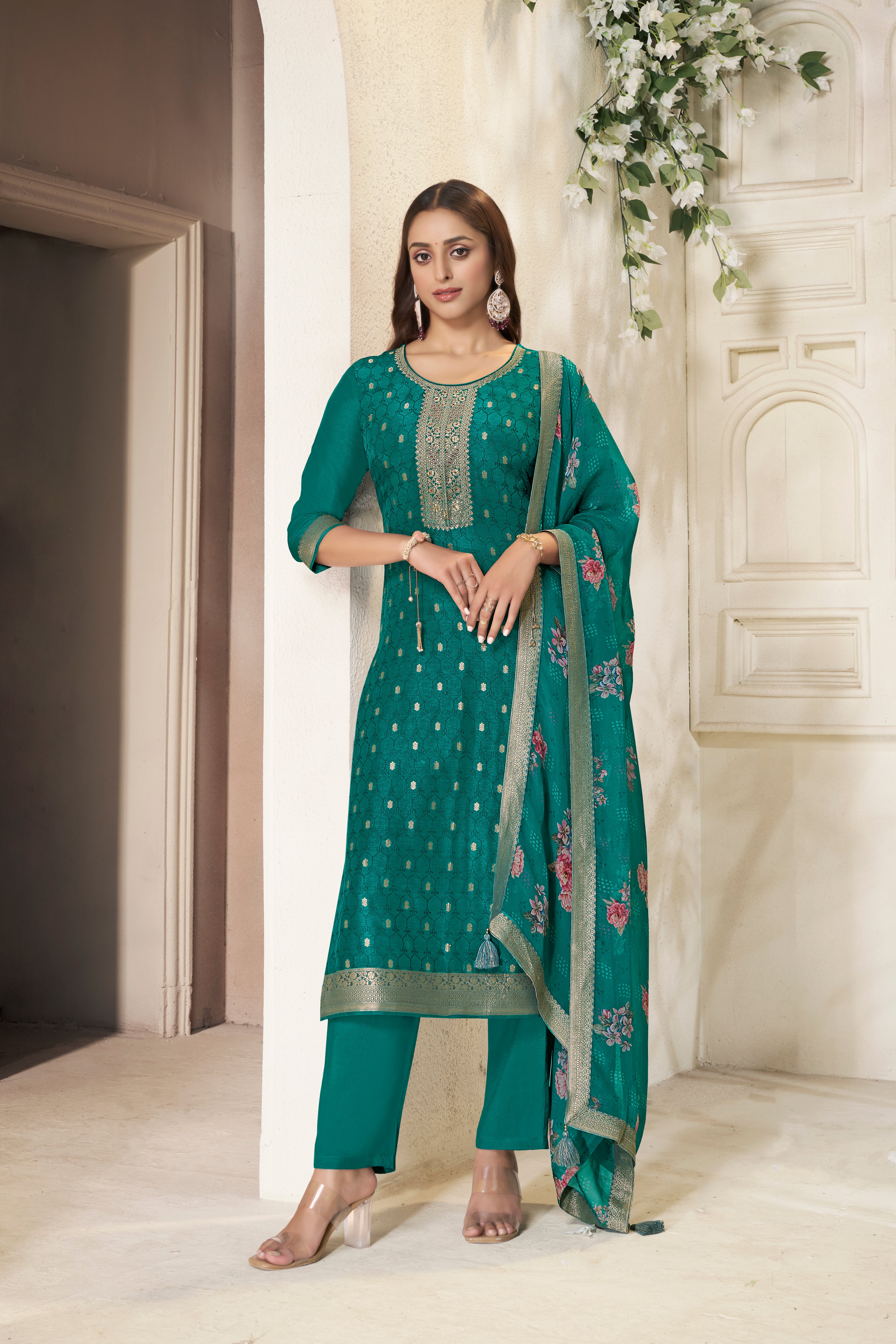 Designer Teal Green Jacquard weave Dola Silk Kurta Suit Set