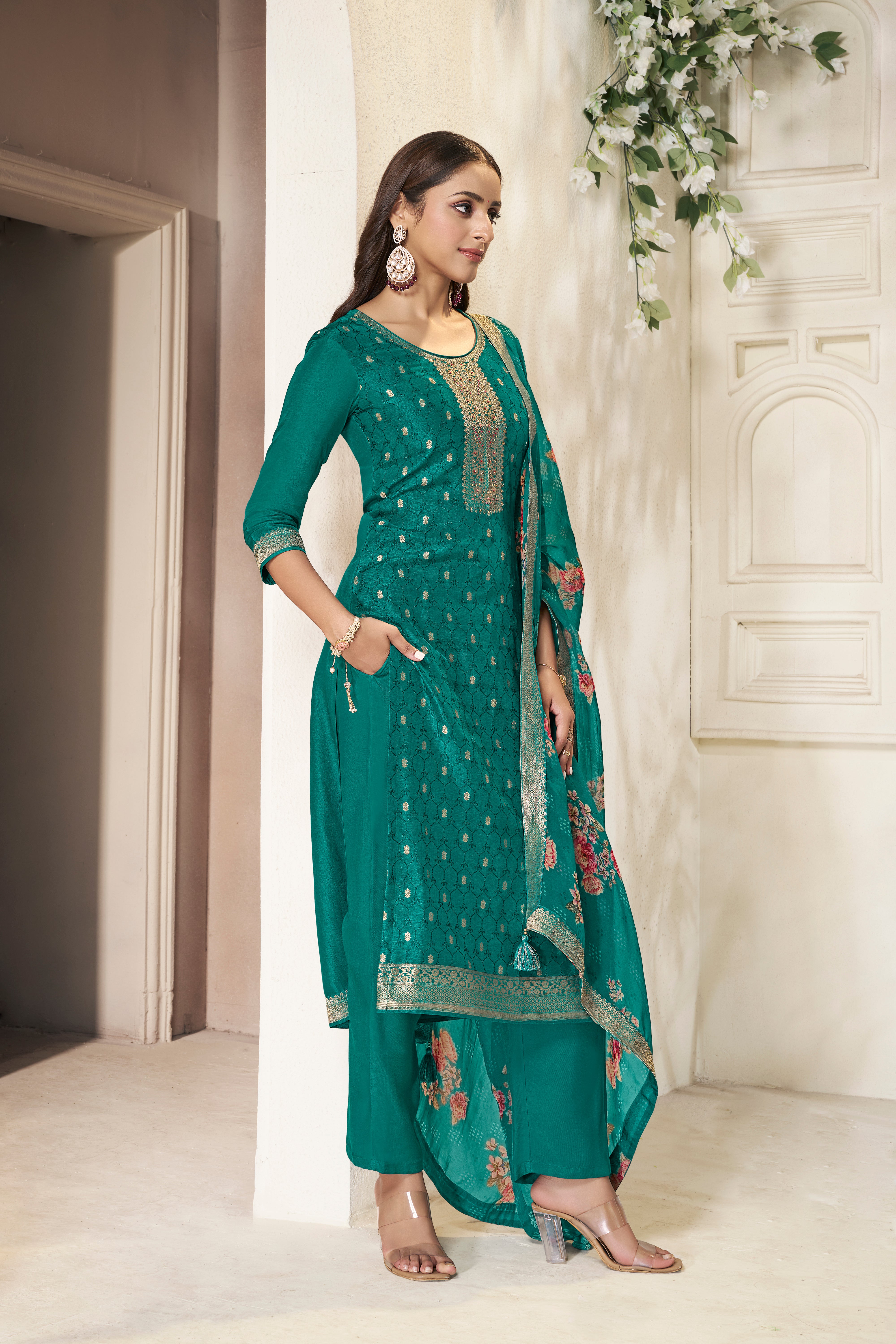 Designer Teal Green Jacquard weave Dola Silk Kurta Suit Set