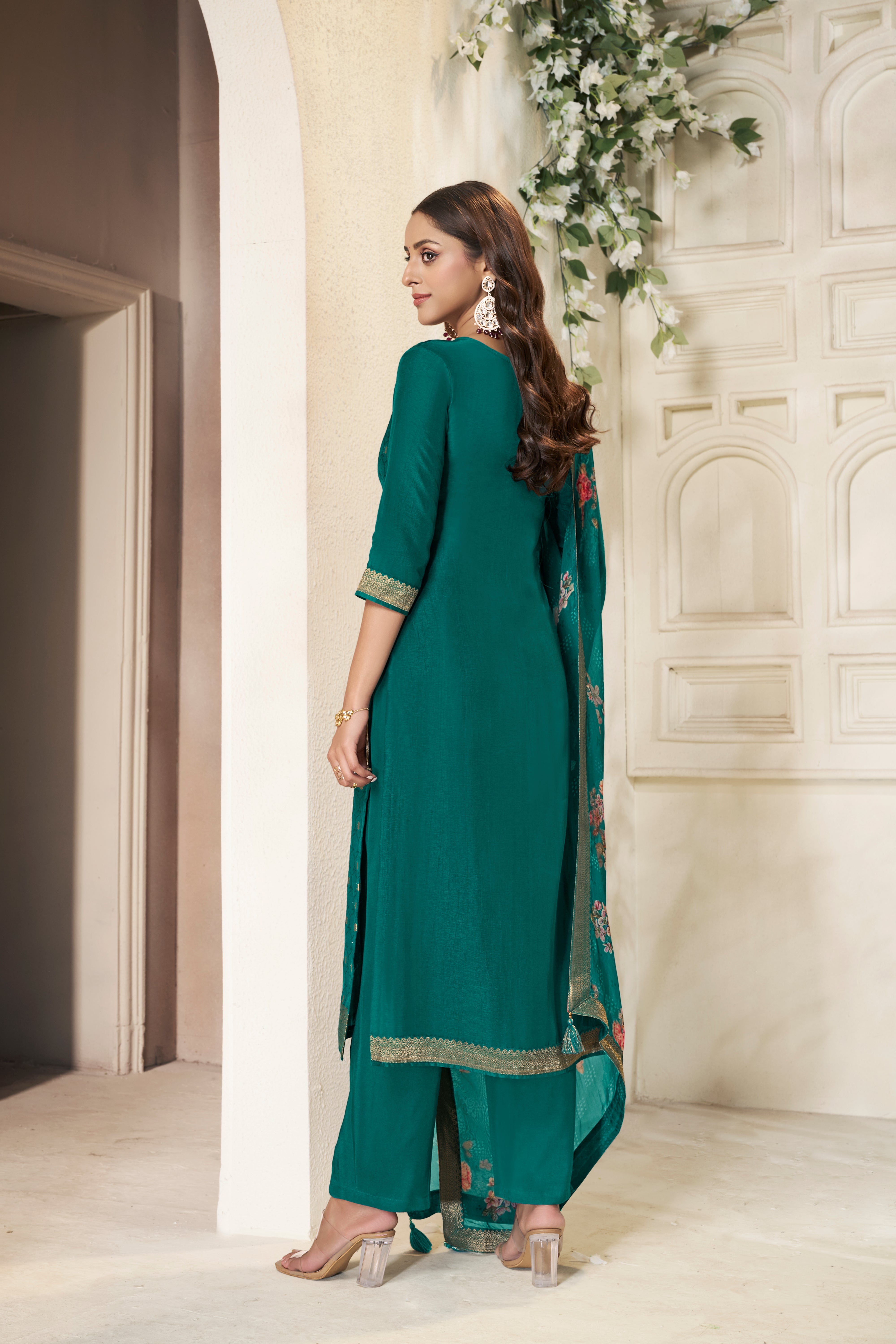 Designer Teal Green Jacquard weave Dola Silk Kurta Suit Set