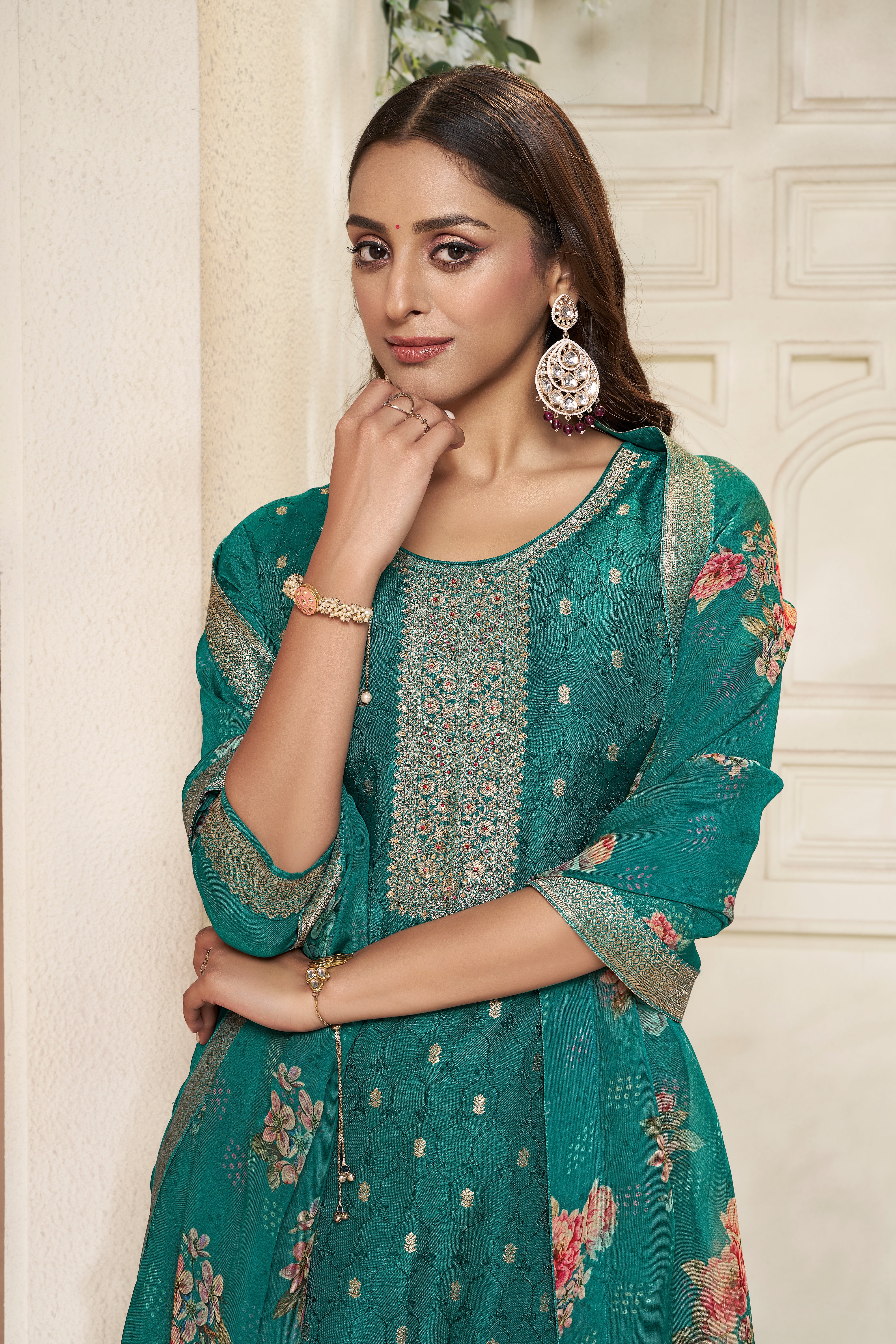 Designer Teal Green Jacquard weave Dola Silk Kurta Suit Set