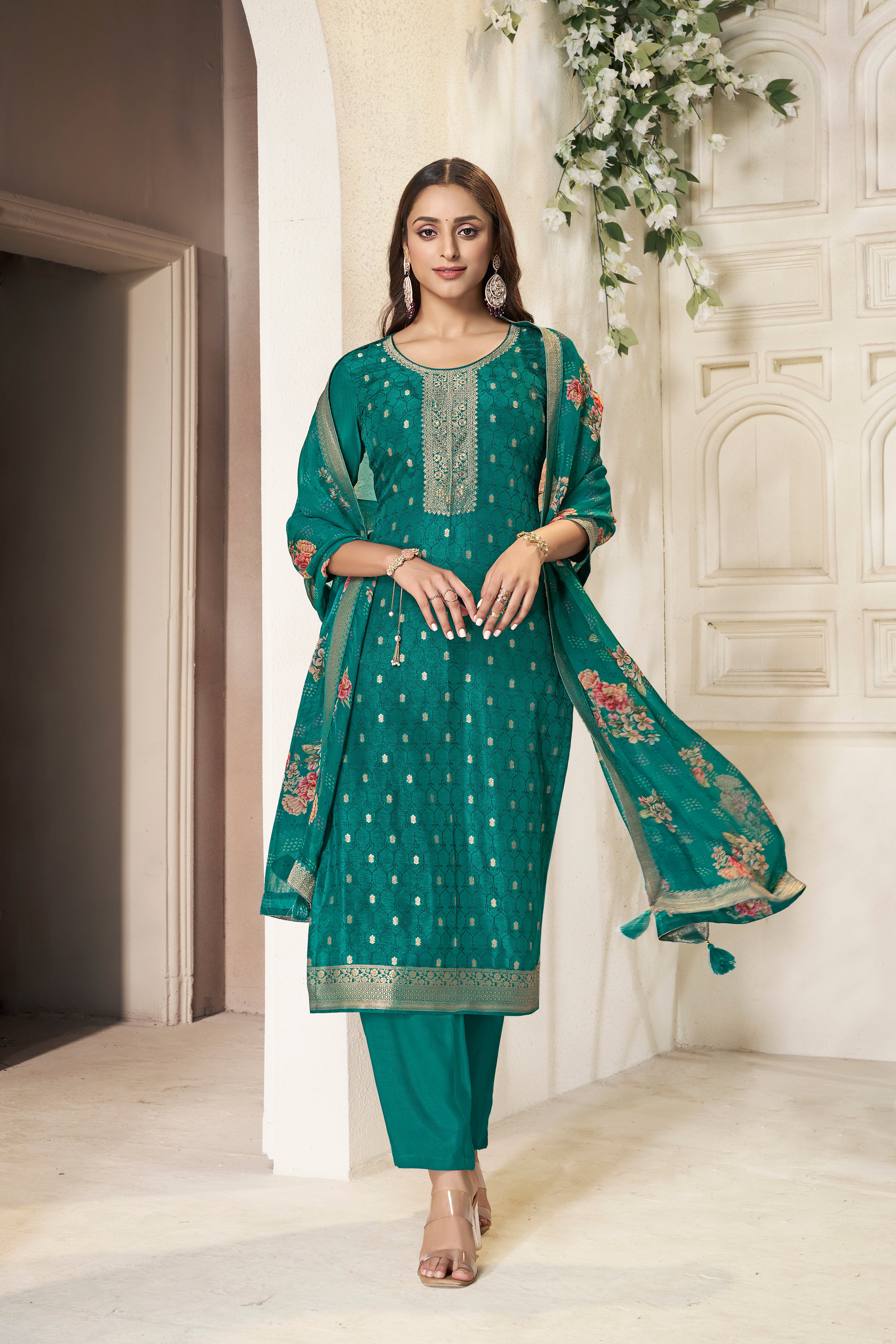 Designer Teal Green Jacquard weave Dola Silk Kurta Suit Set