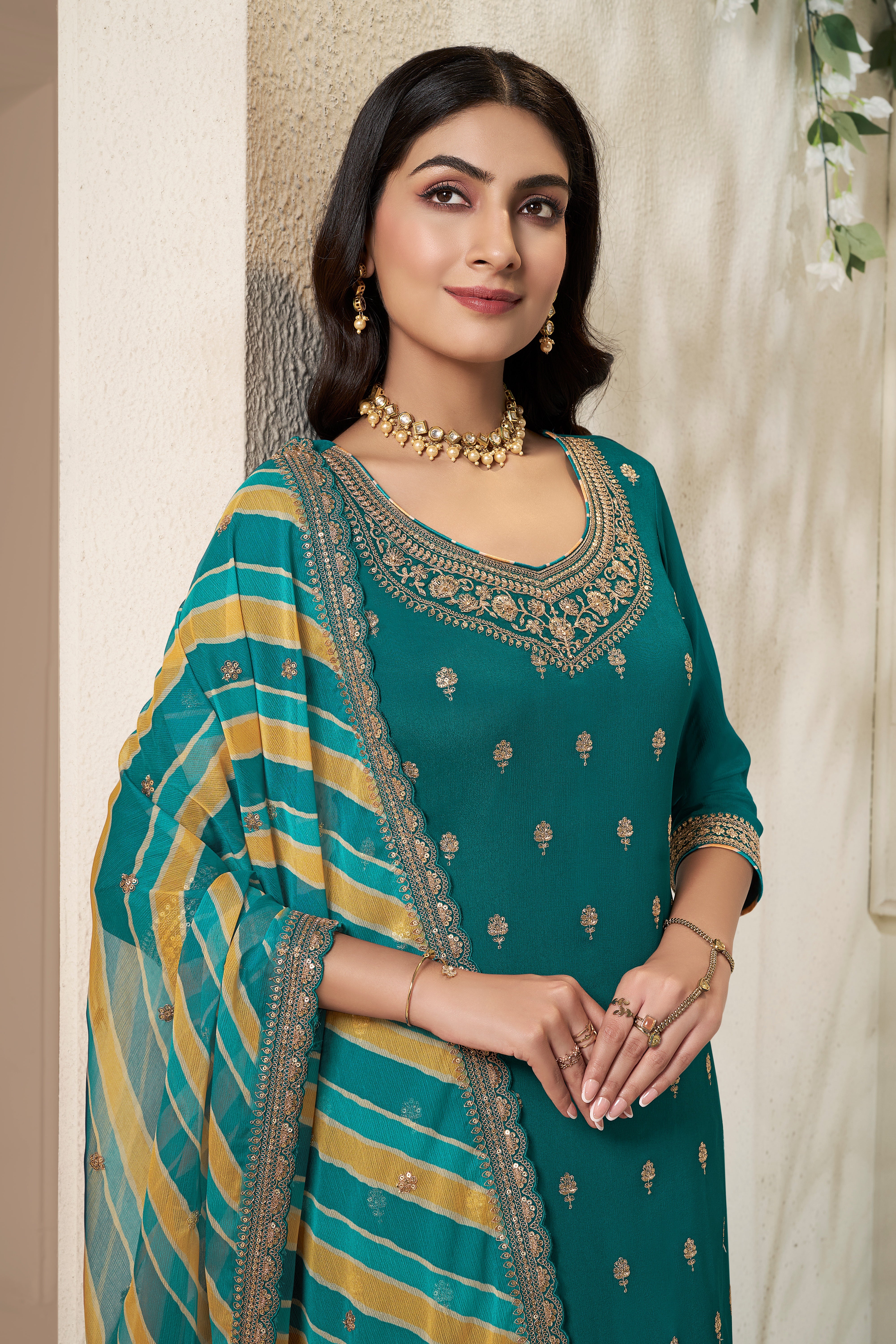 Designer Green Embroidered Chinon Sharara Suit Set