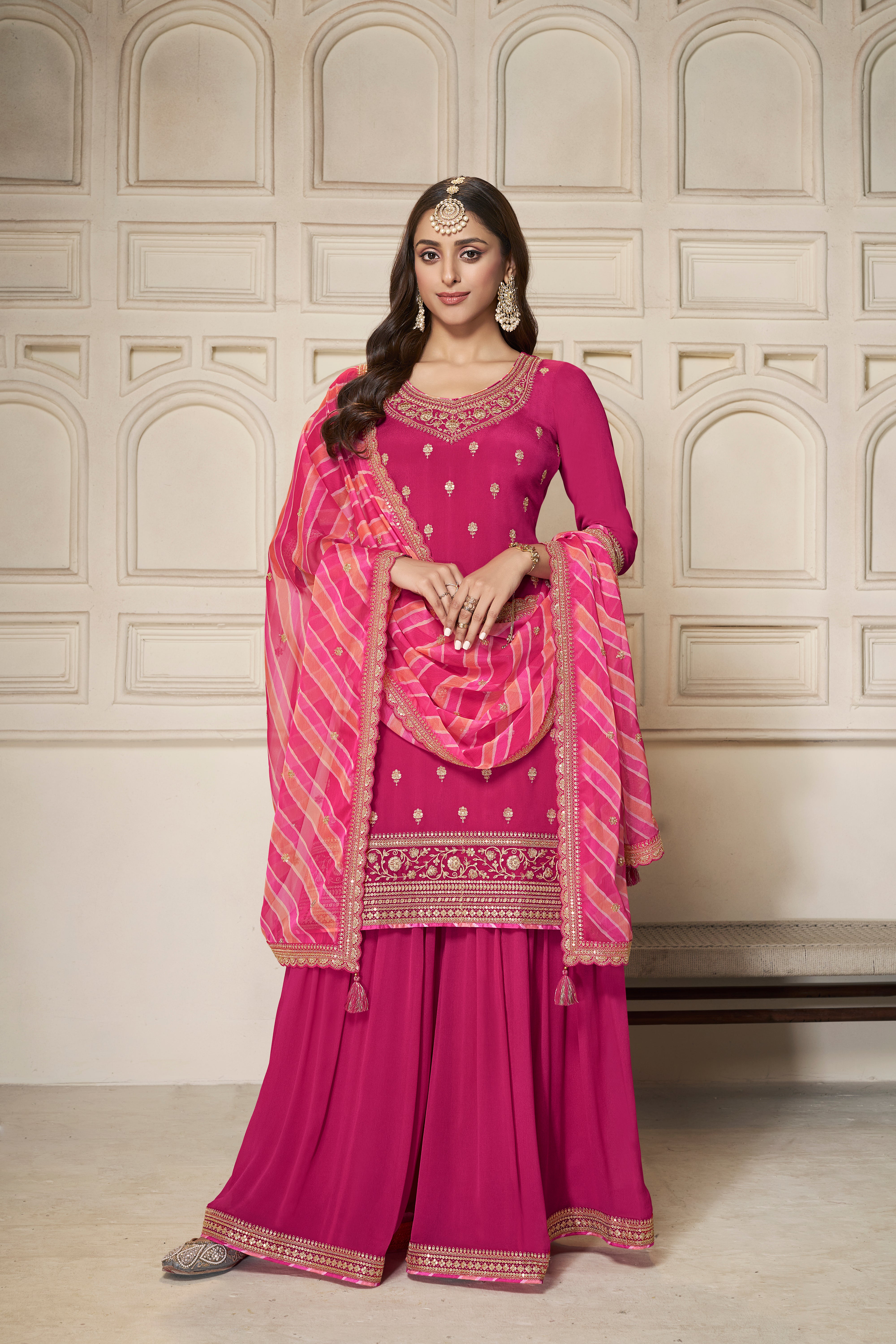 Designer Pink Embroidered Chinon Sharara Suit Set