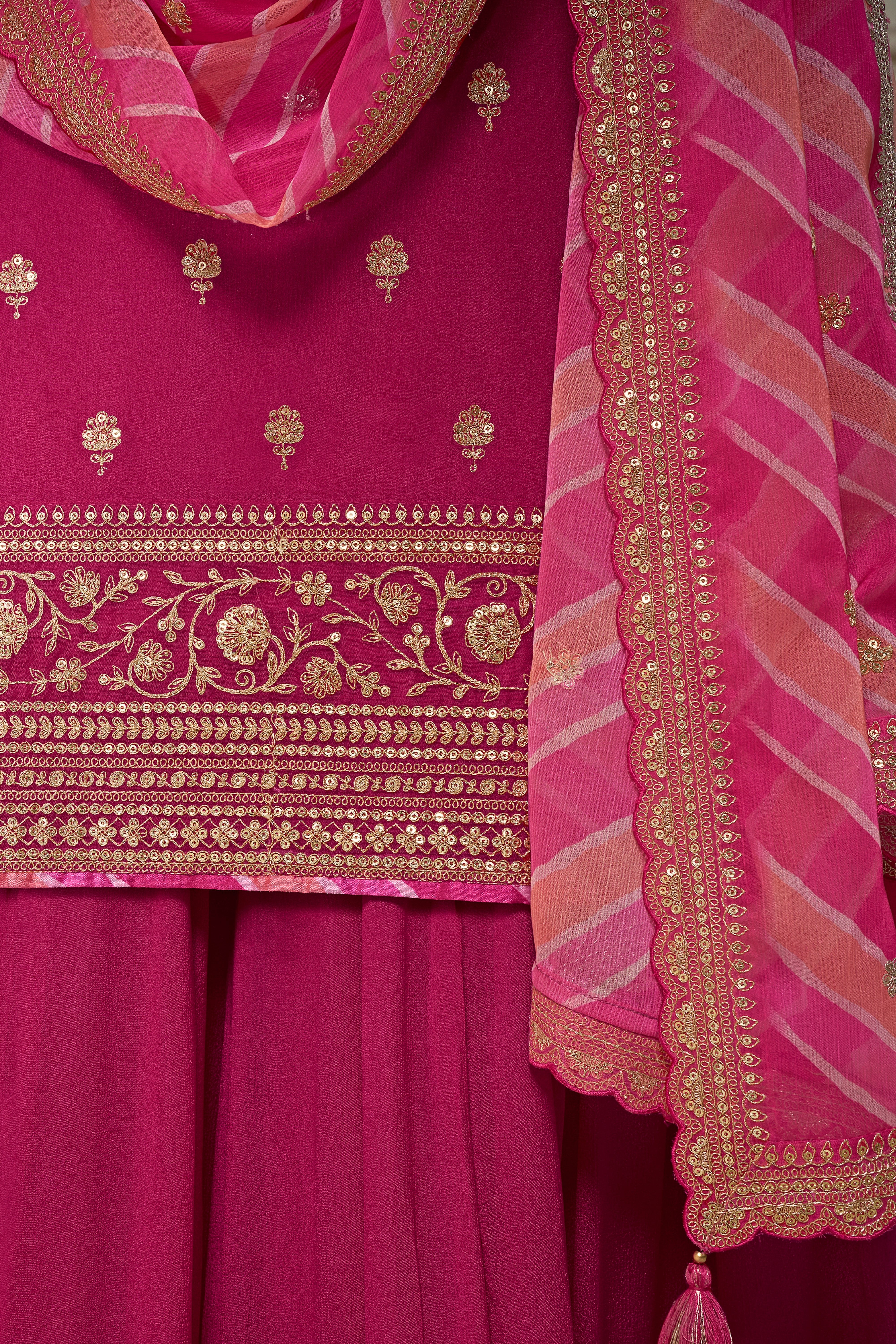 Designer Pink Embroidered Chinon Sharara Suit Set