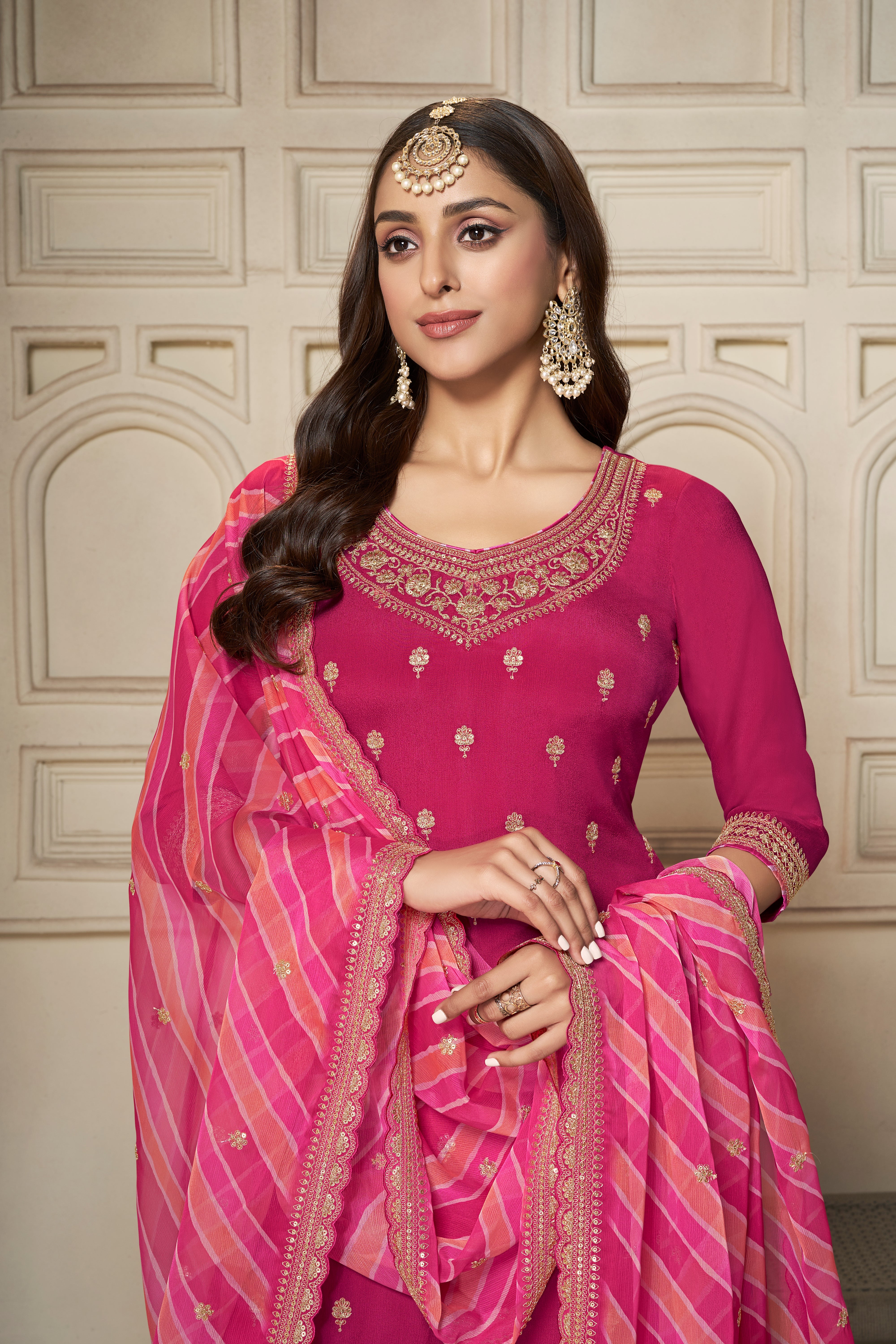 Designer Pink Embroidered Chinon Sharara Suit Set