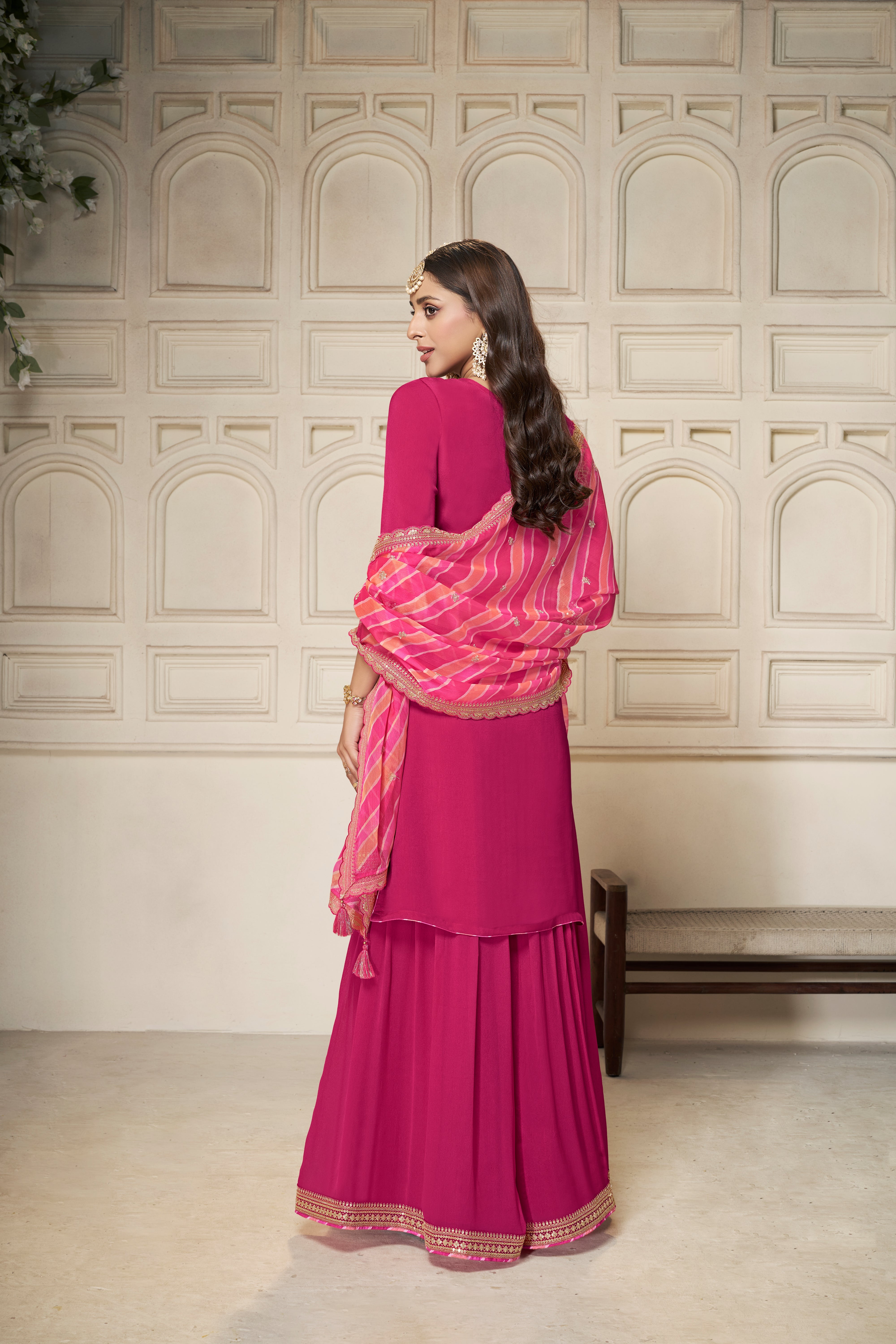 Designer Pink Embroidered Chinon Sharara Suit Set