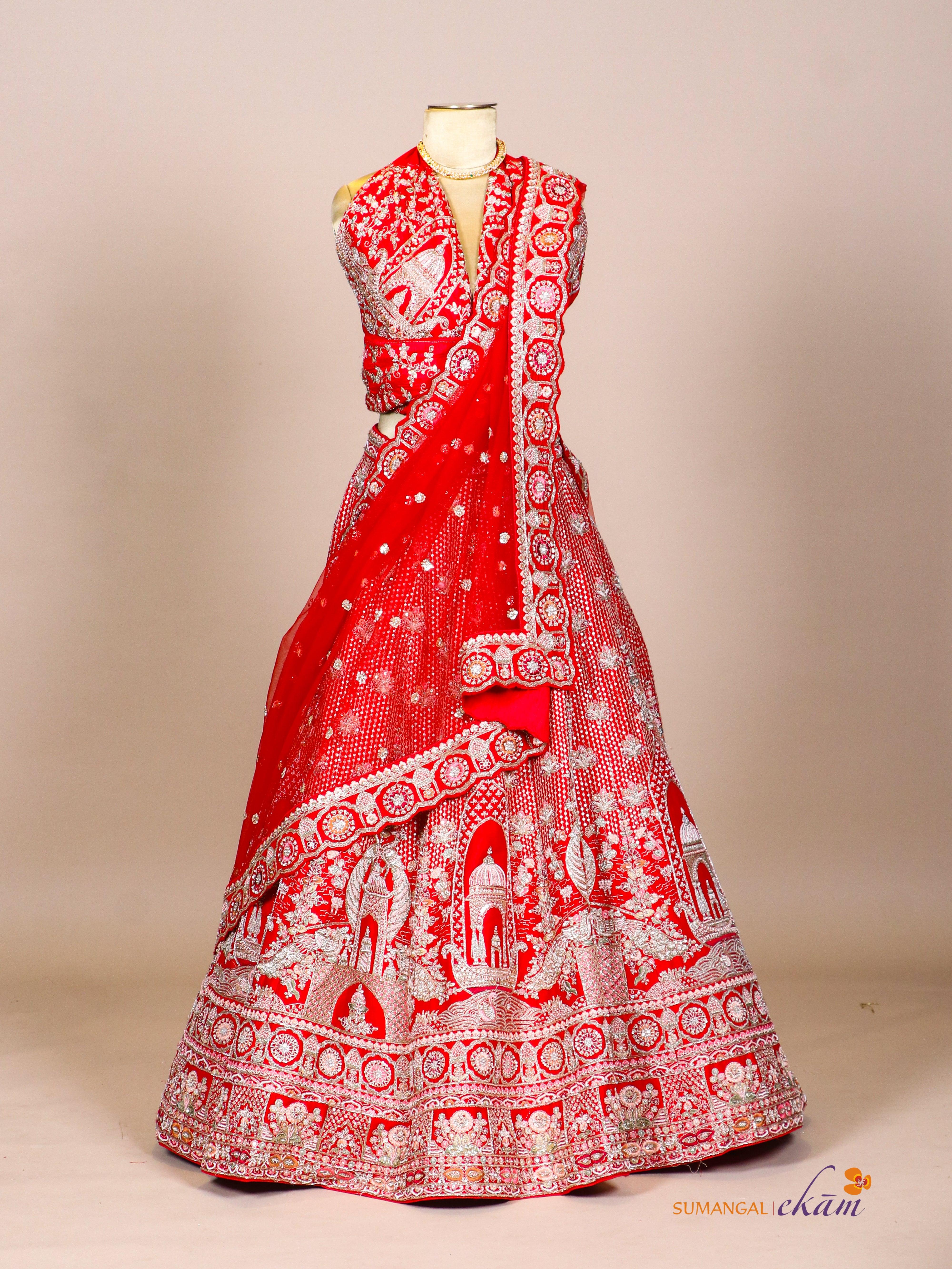 Designer Red Raw Silk Bridal Lehenga - Sumangal Ekam