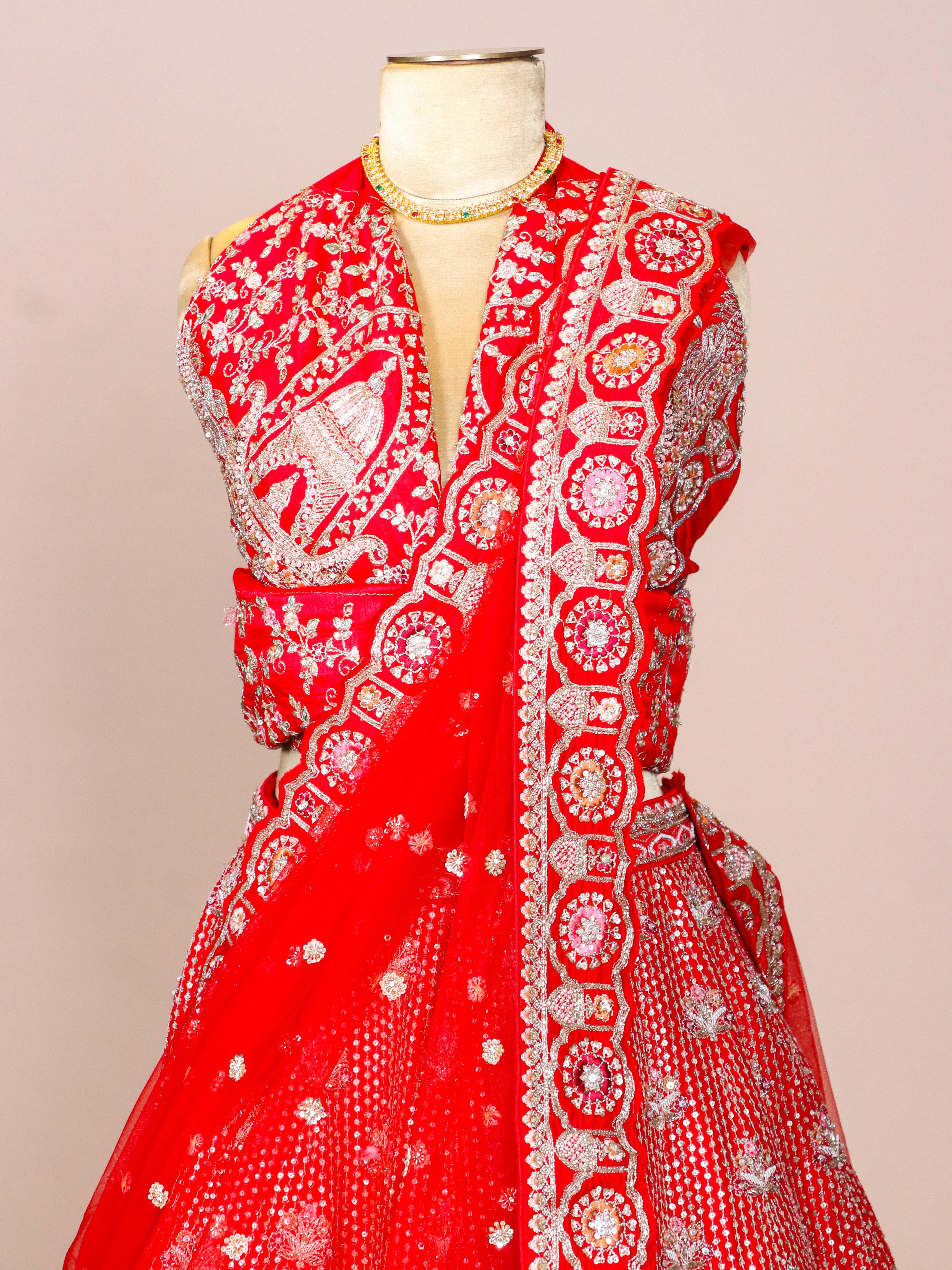 Designer Red Raw Silk Bridal Lehenga - Sumangal Ekam