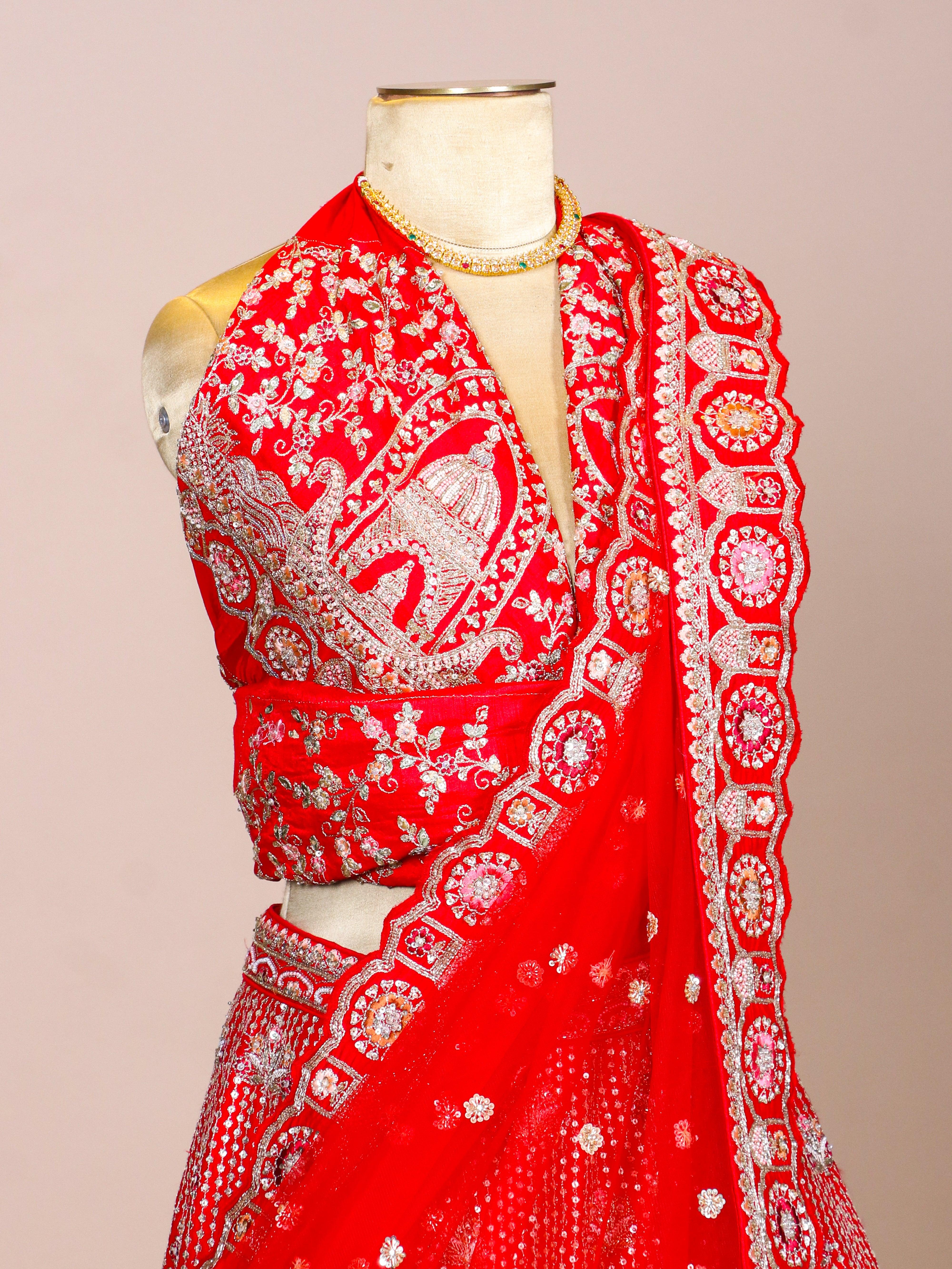 Designer Red Raw Silk Bridal Lehenga - Sumangal Ekam