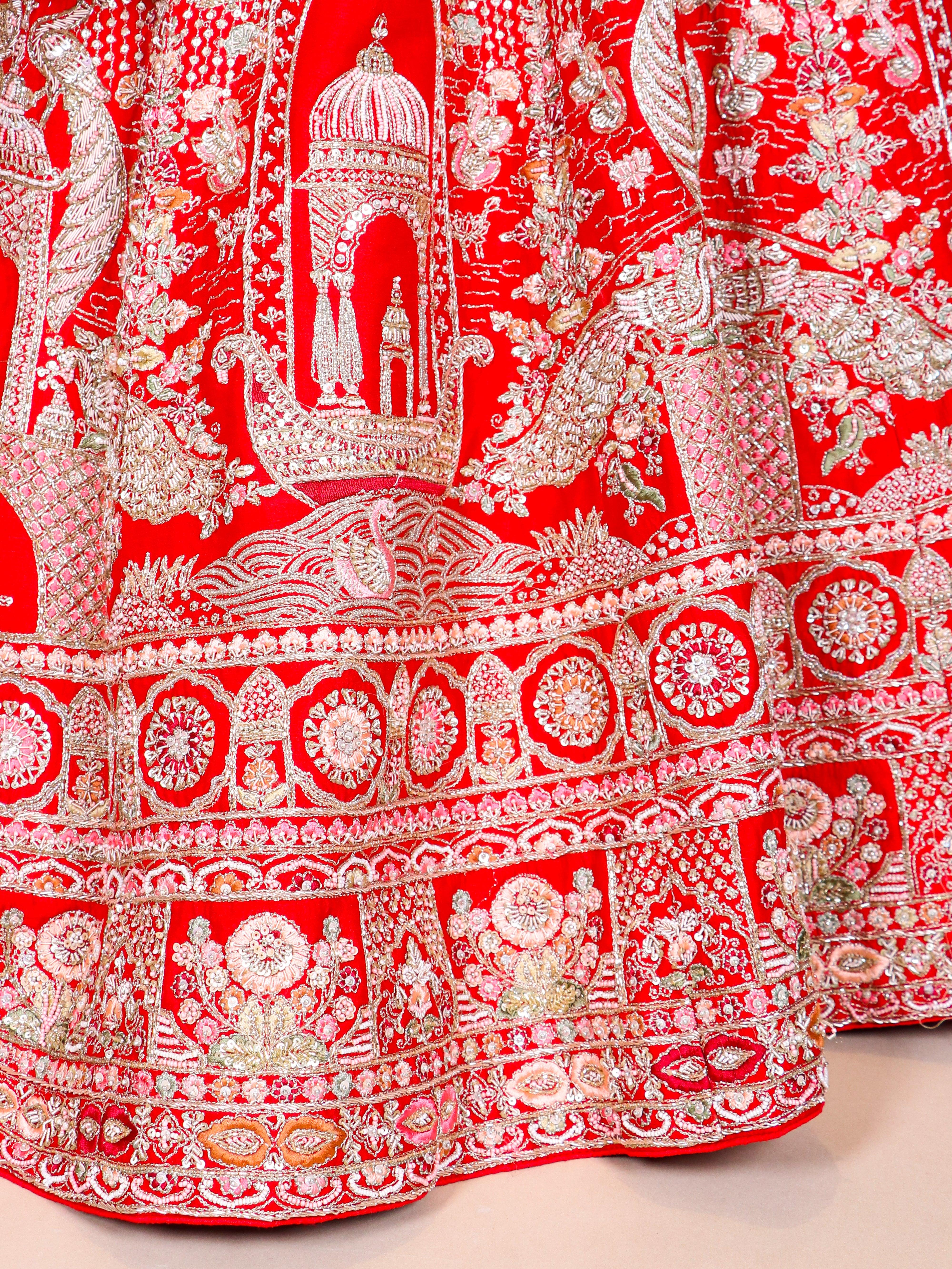 Designer Red Raw Silk Bridal Lehenga - Sumangal Ekam