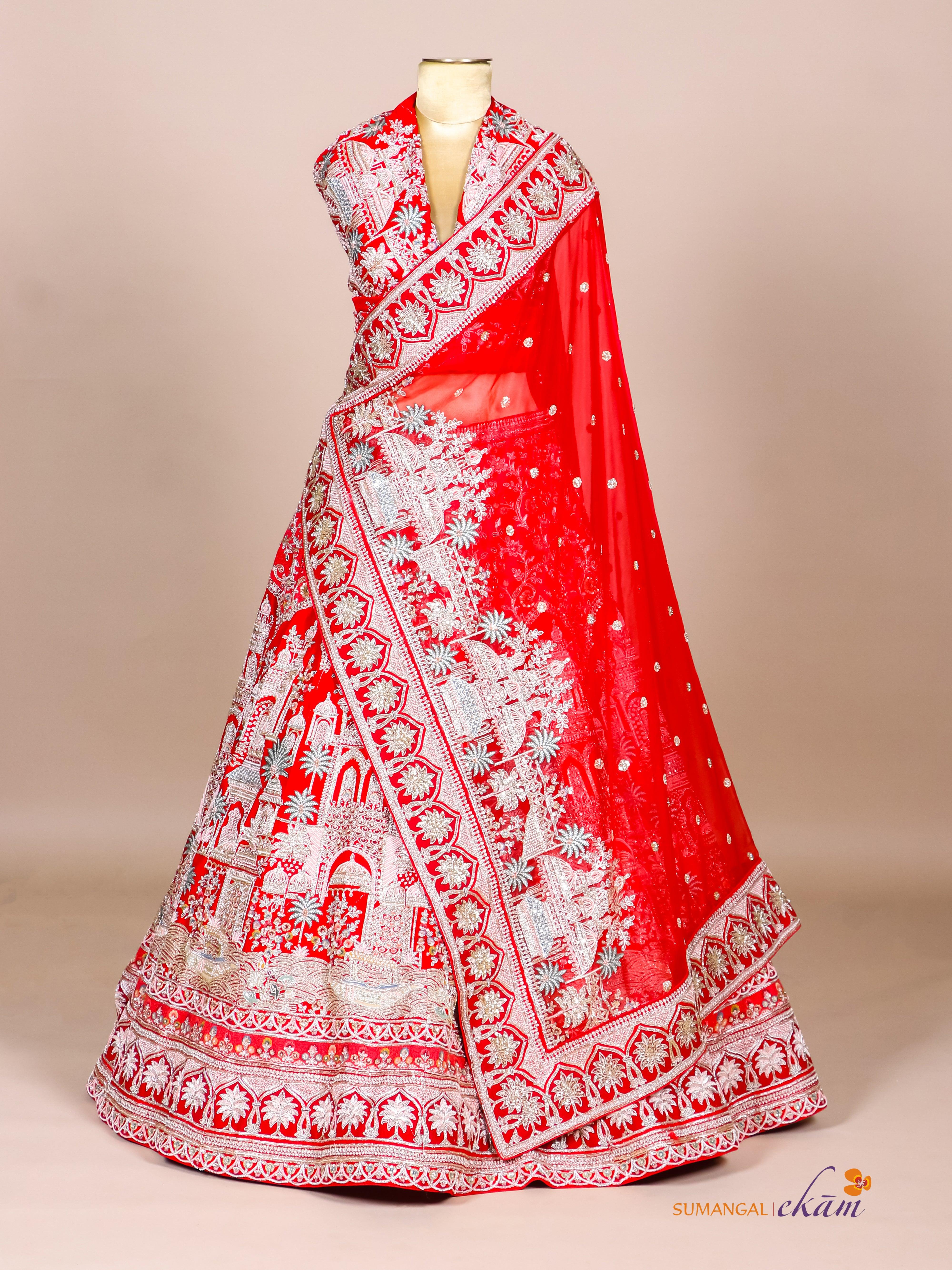 Designer Red Raw Silk Bridal Lehenga - Sumangal Ekam