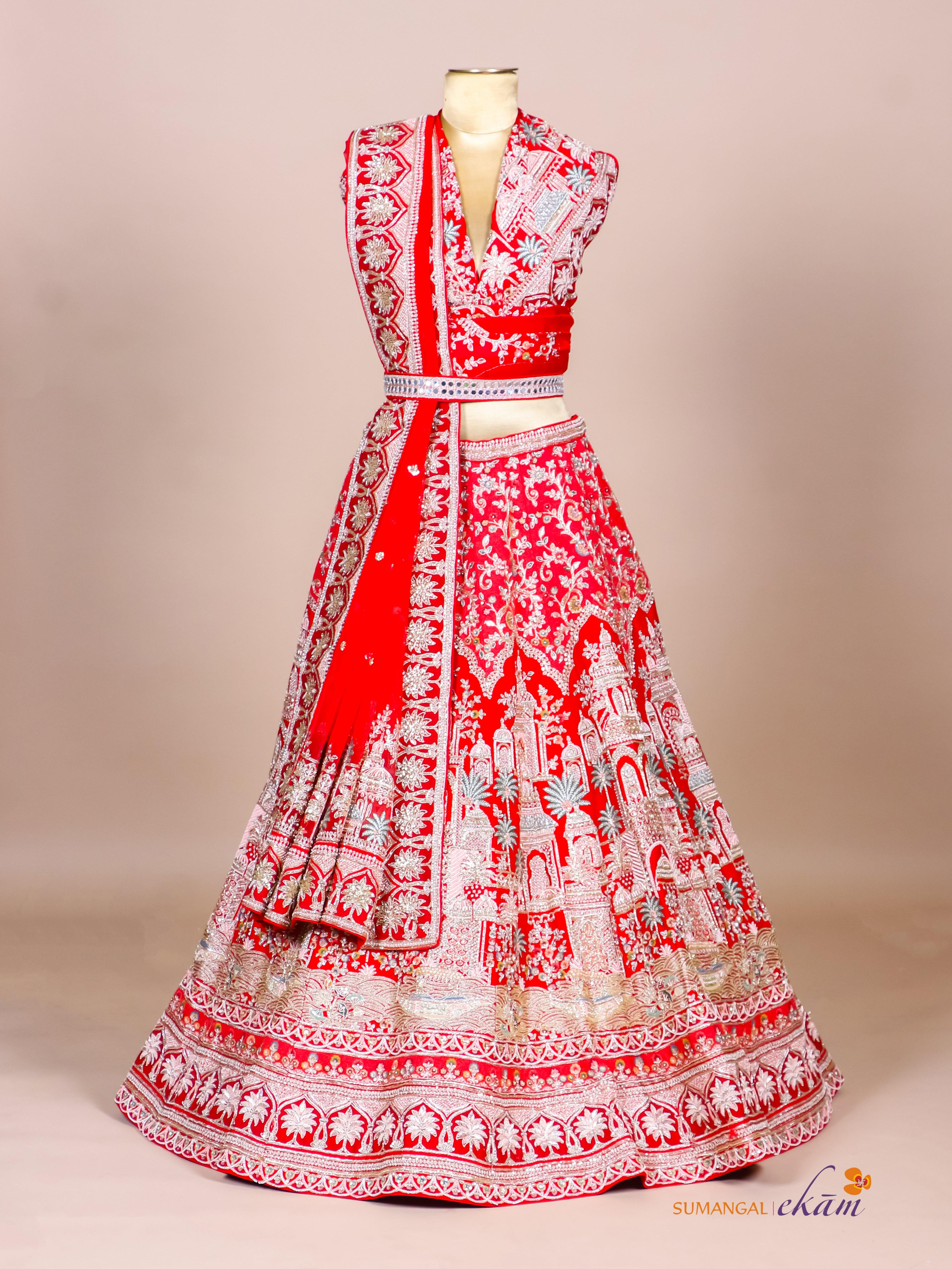 Designer Red Raw Silk Bridal Lehenga - Sumangal Ekam