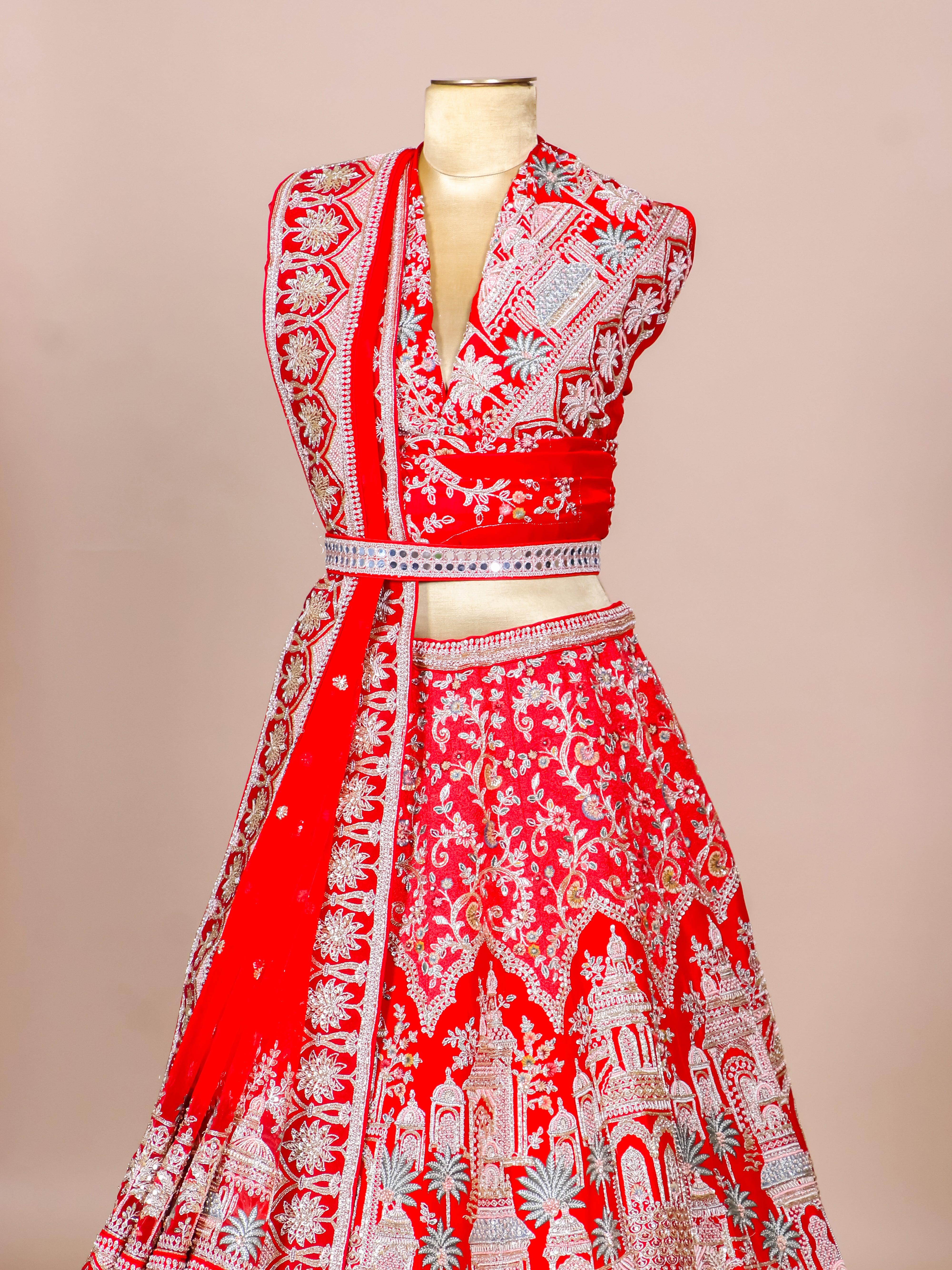 Designer Red Raw Silk Bridal Lehenga - Sumangal Ekam