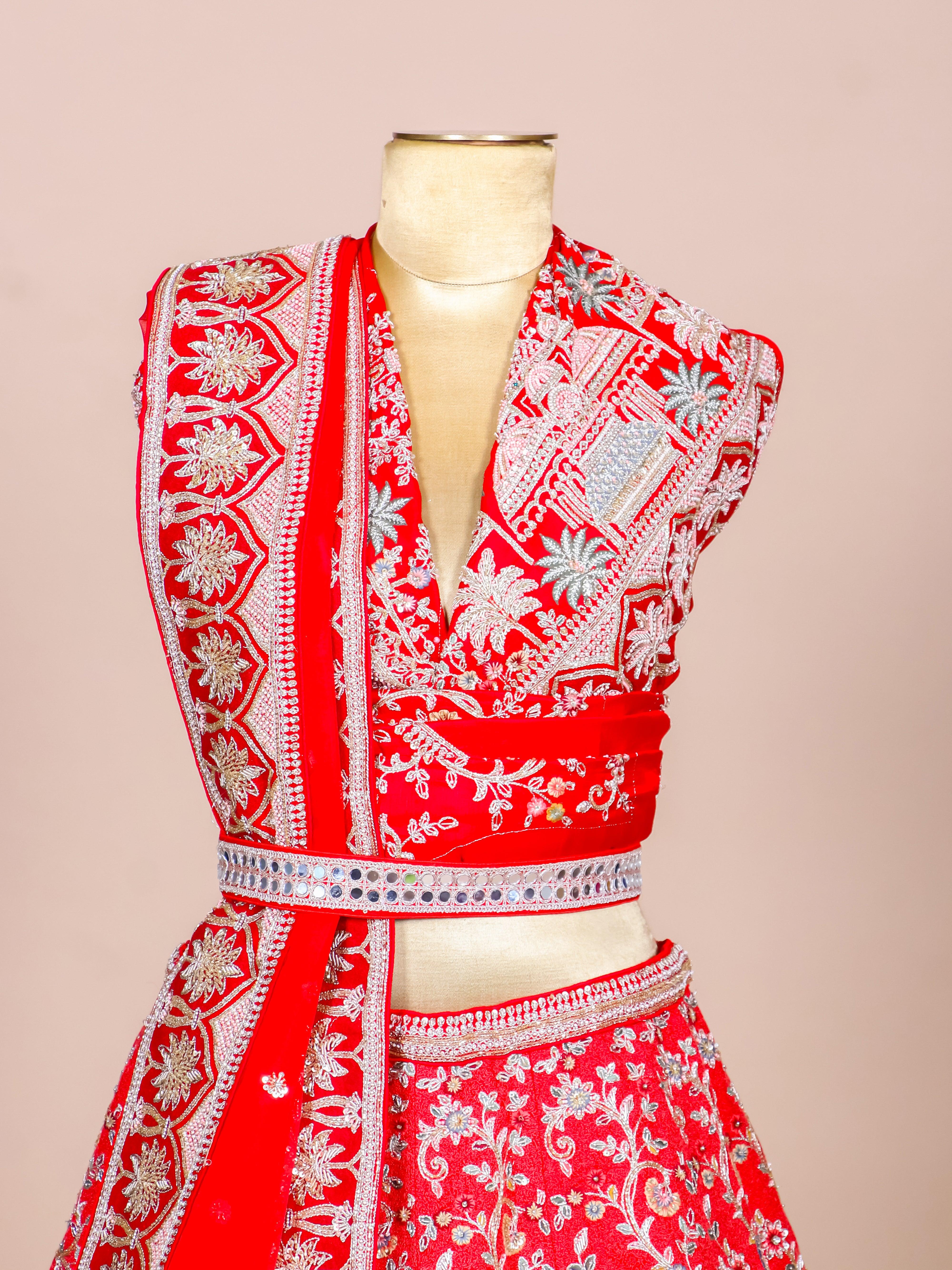 Designer Red Raw Silk Bridal Lehenga - Sumangal Ekam