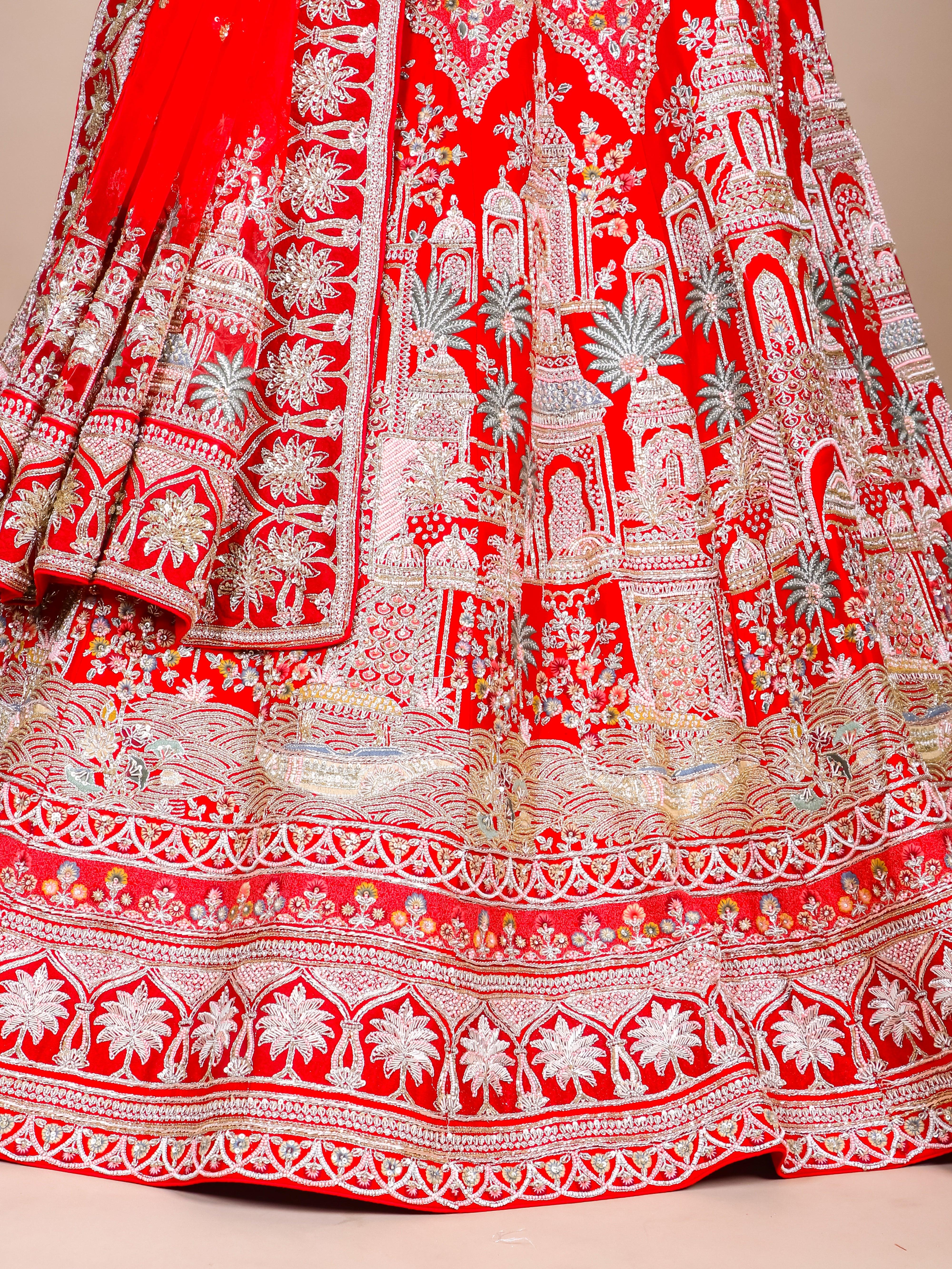Designer Red Raw Silk Bridal Lehenga - Sumangal Ekam