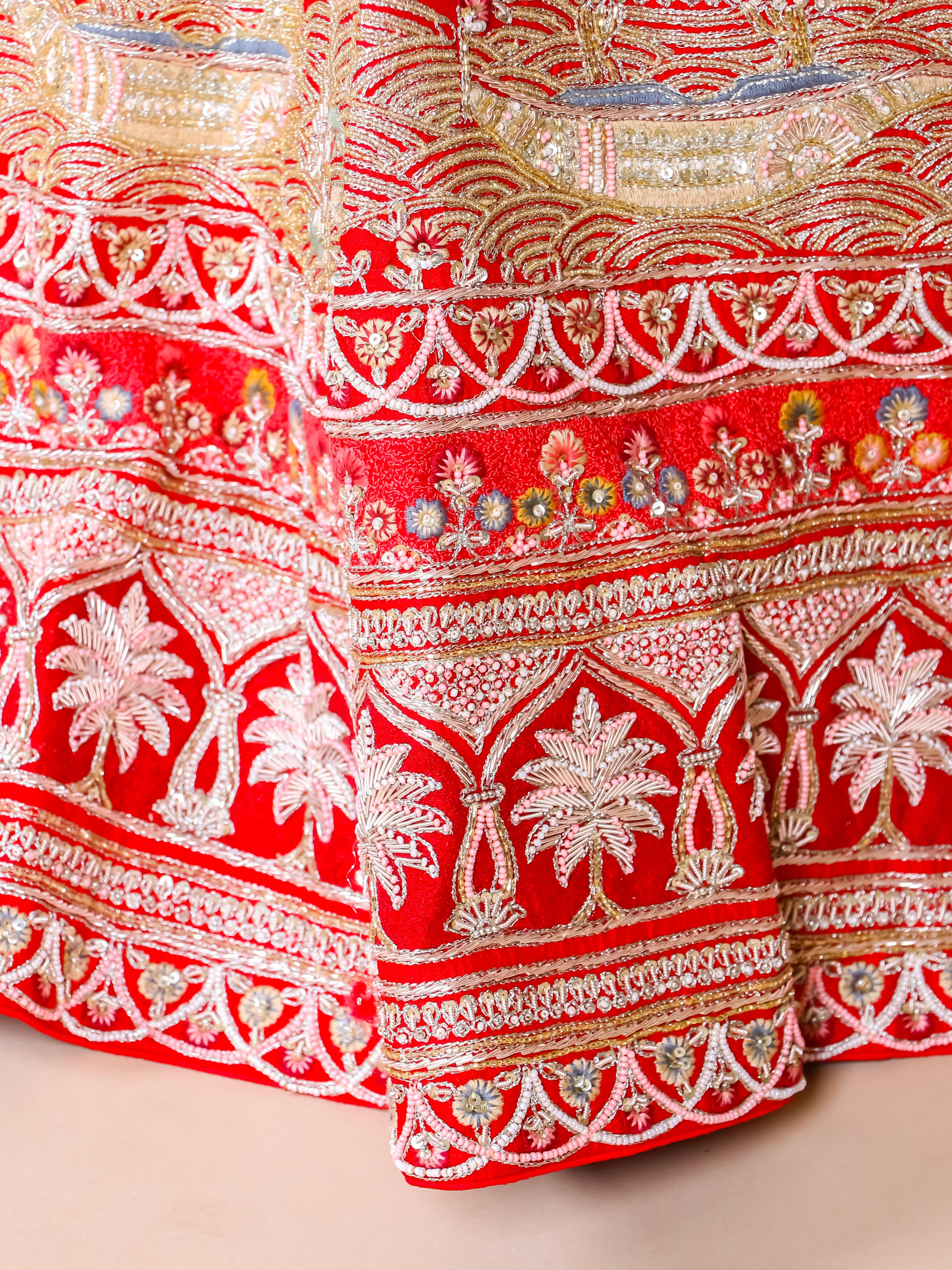 Designer Red Raw Silk Bridal Lehenga - Sumangal Ekam