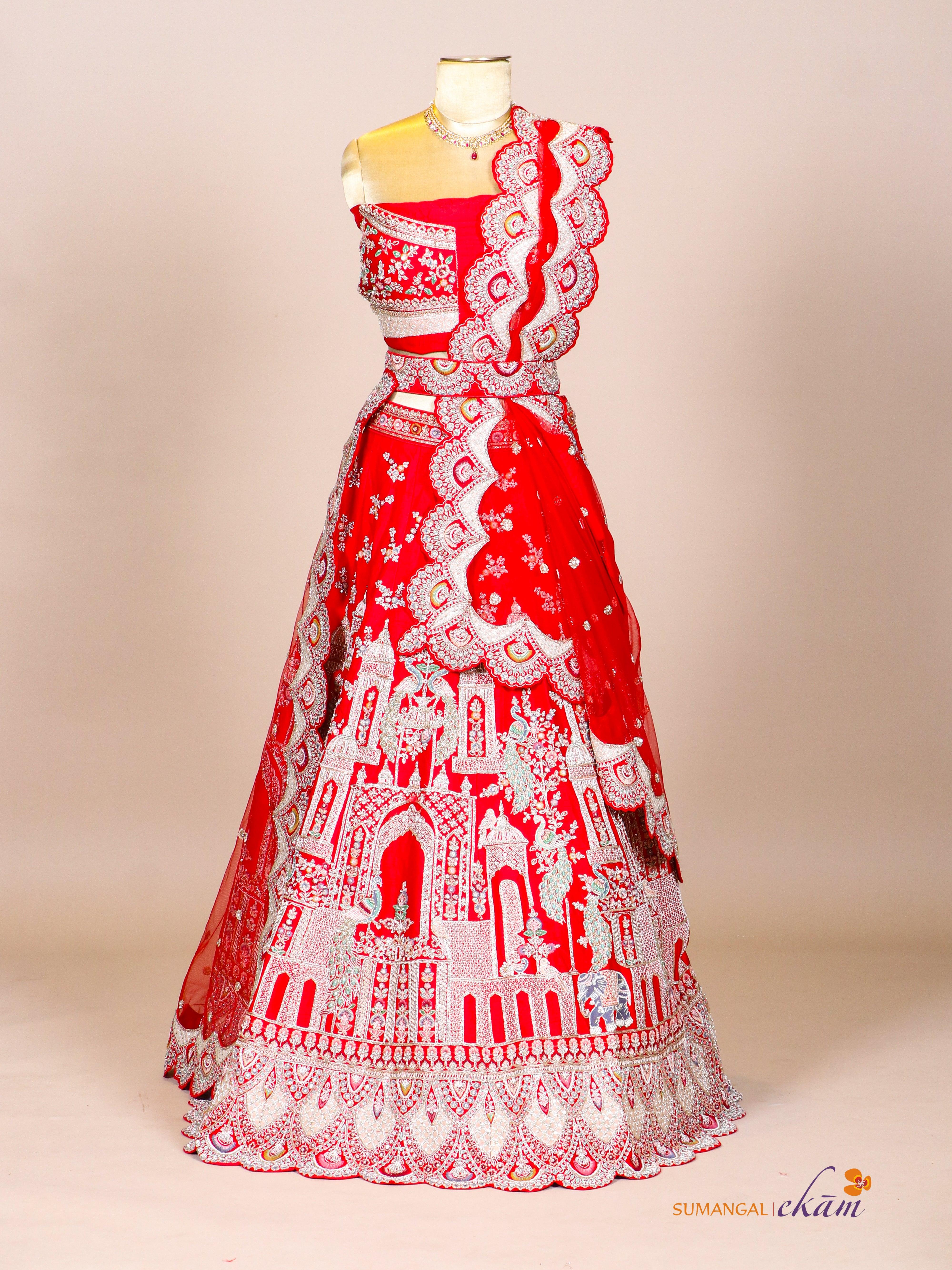 Designer Red Raw Silk Bridal Lehenga - Sumangal Ekam