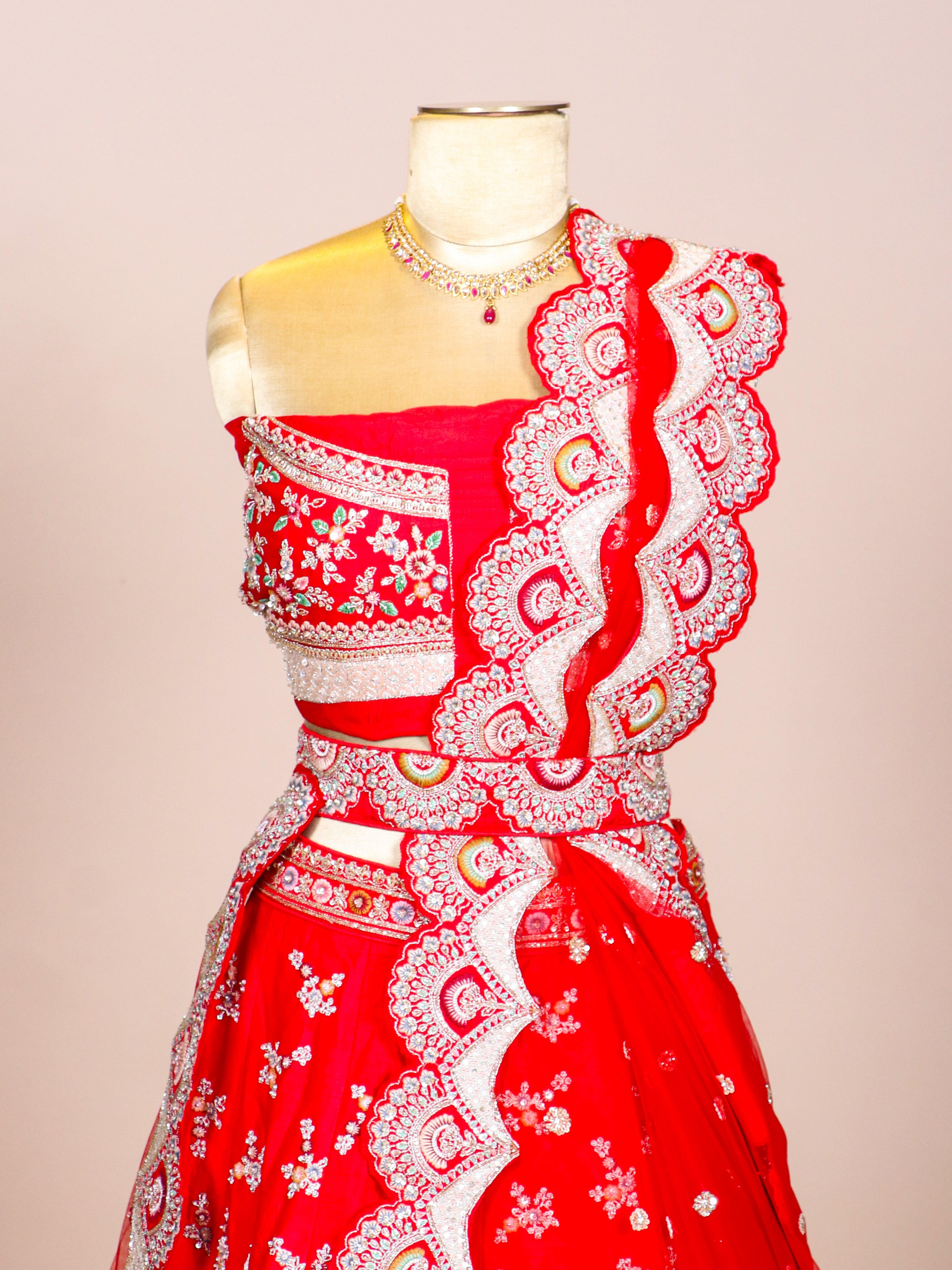 Designer Red Raw Silk Bridal Lehenga - Sumangal Ekam