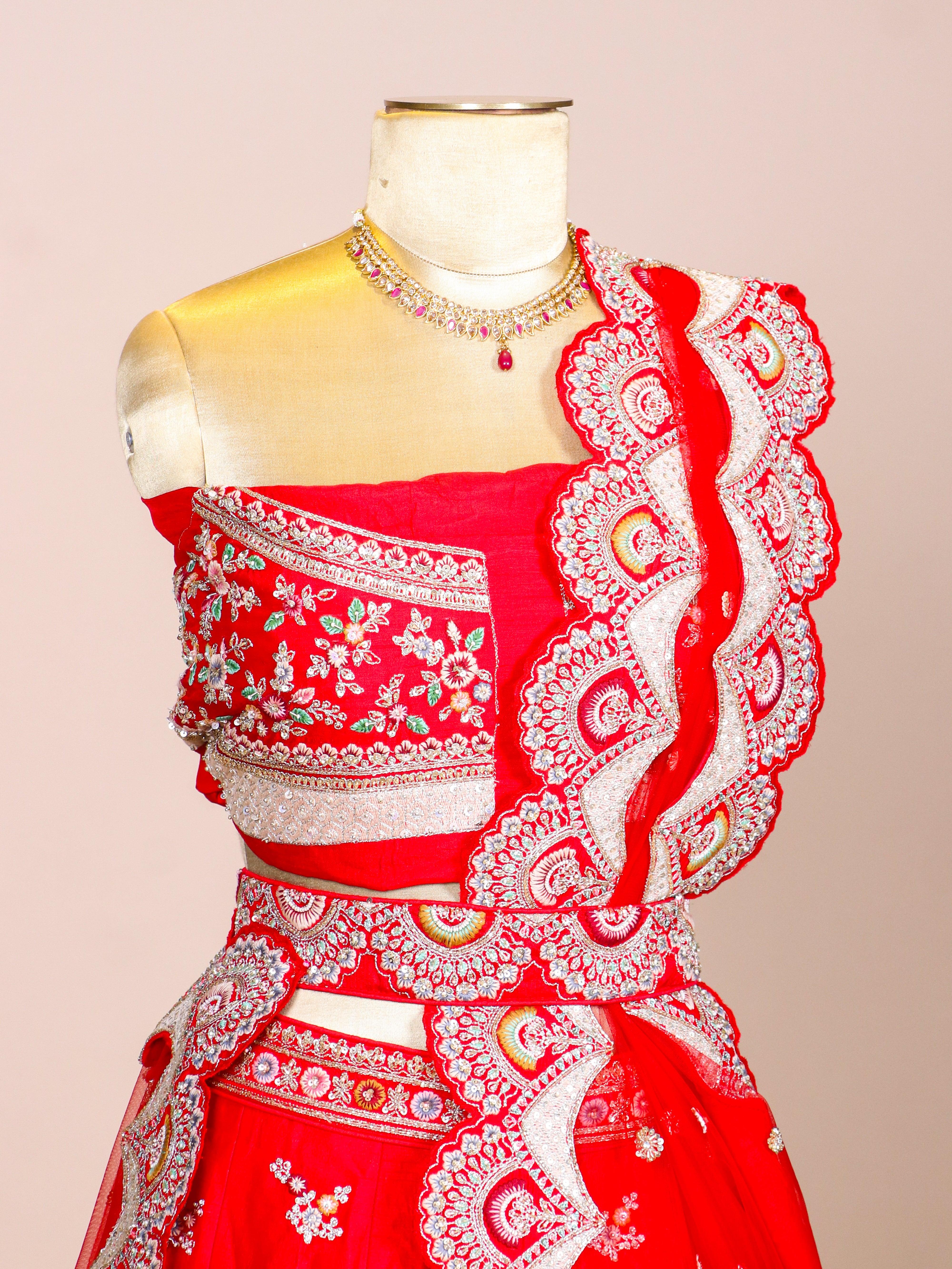 Designer Red Raw Silk Bridal Lehenga - Sumangal Ekam