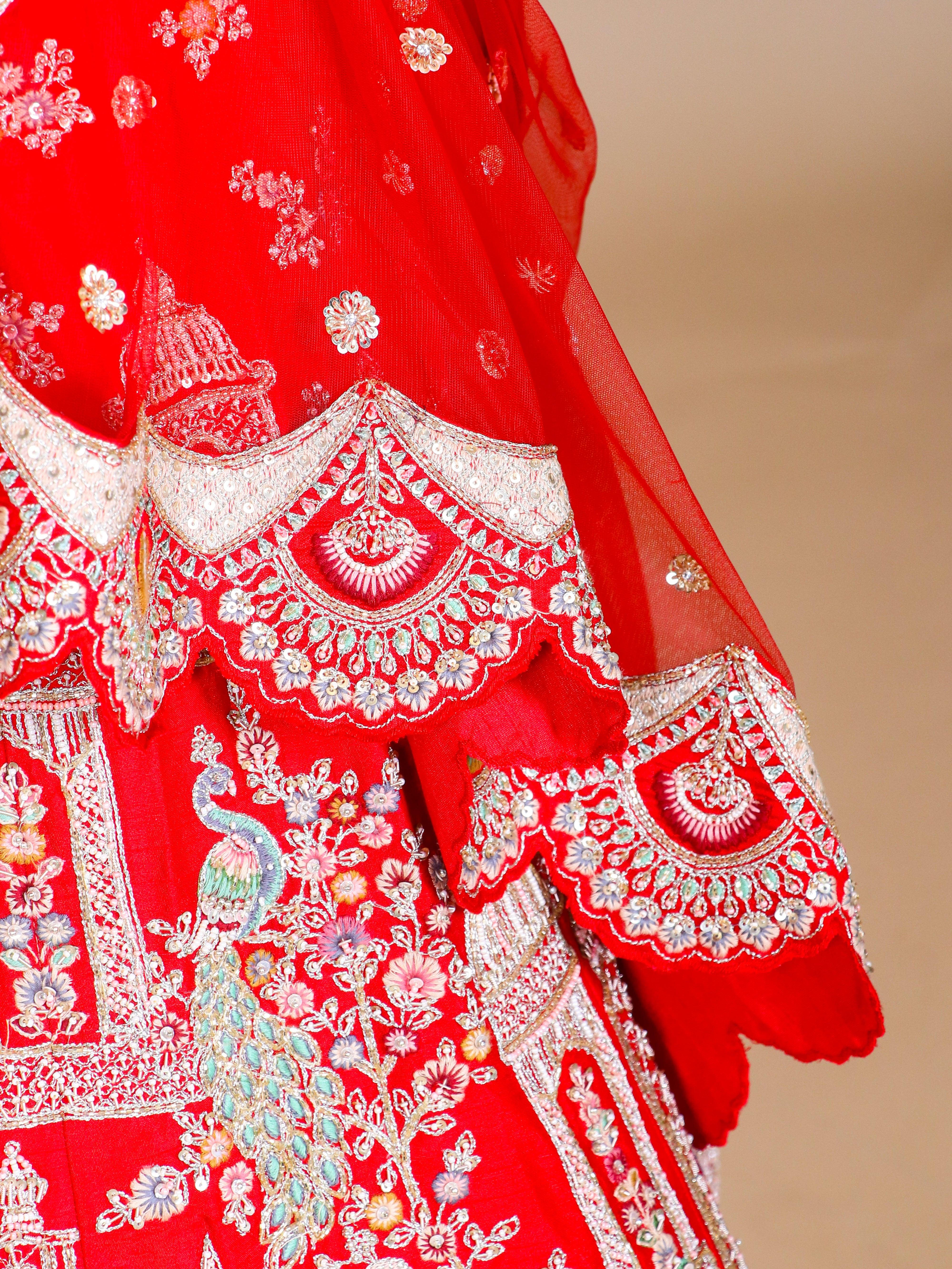 Designer Red Raw Silk Bridal Lehenga - Sumangal Ekam