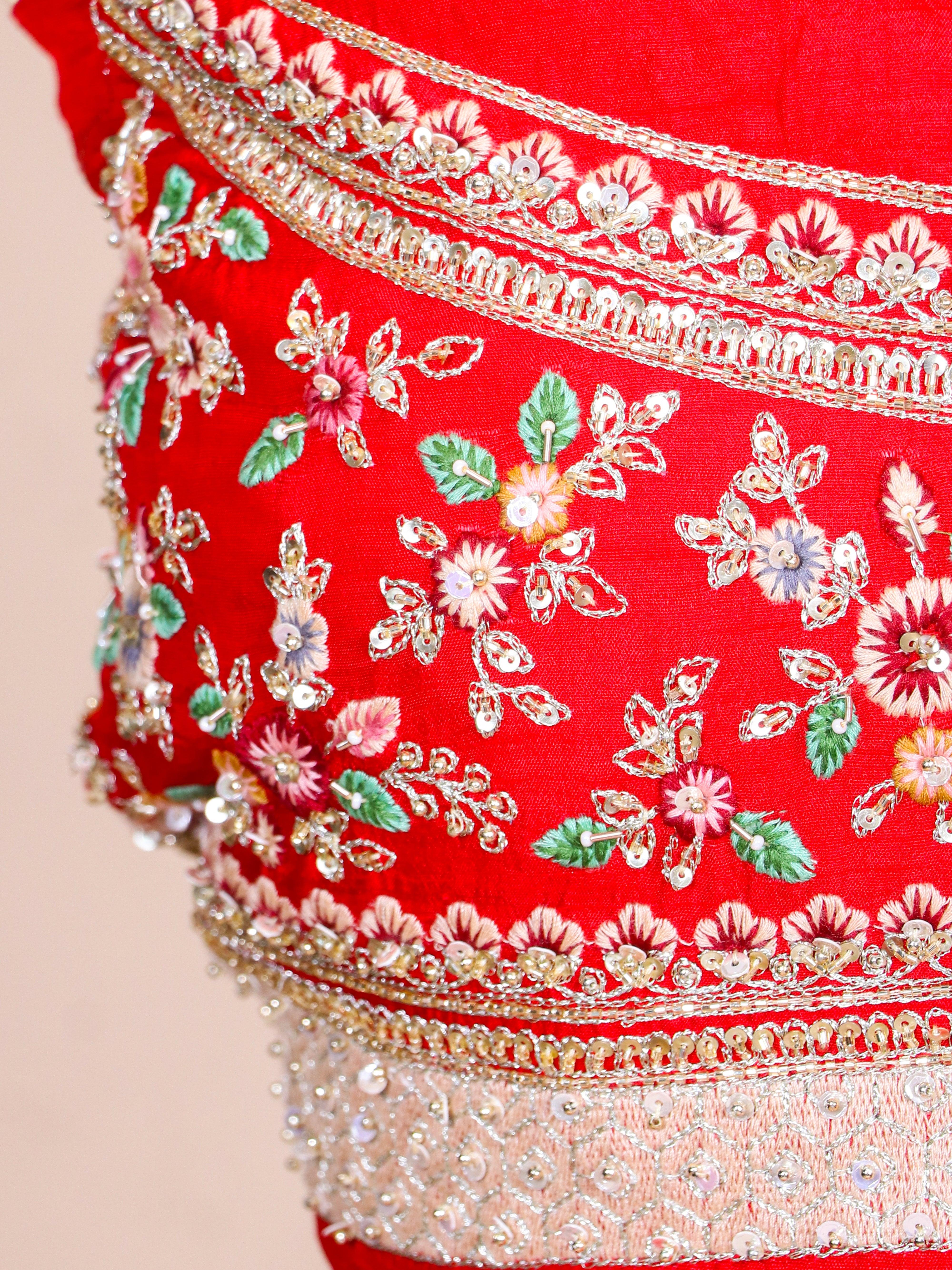 Designer Red Raw Silk Bridal Lehenga - Sumangal Ekam